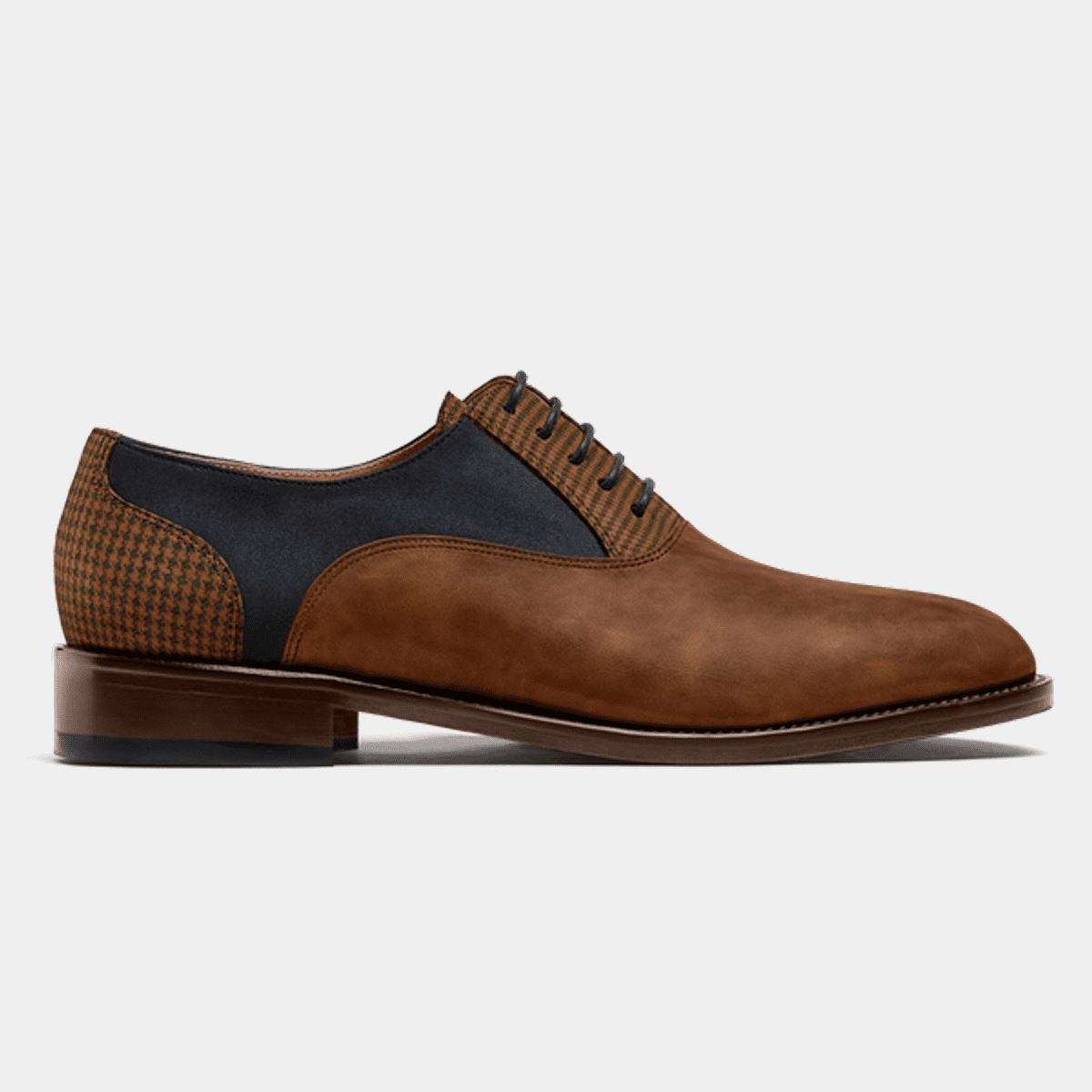 Zapatos Oxford piel encerada serraje y tweed marrón y azul