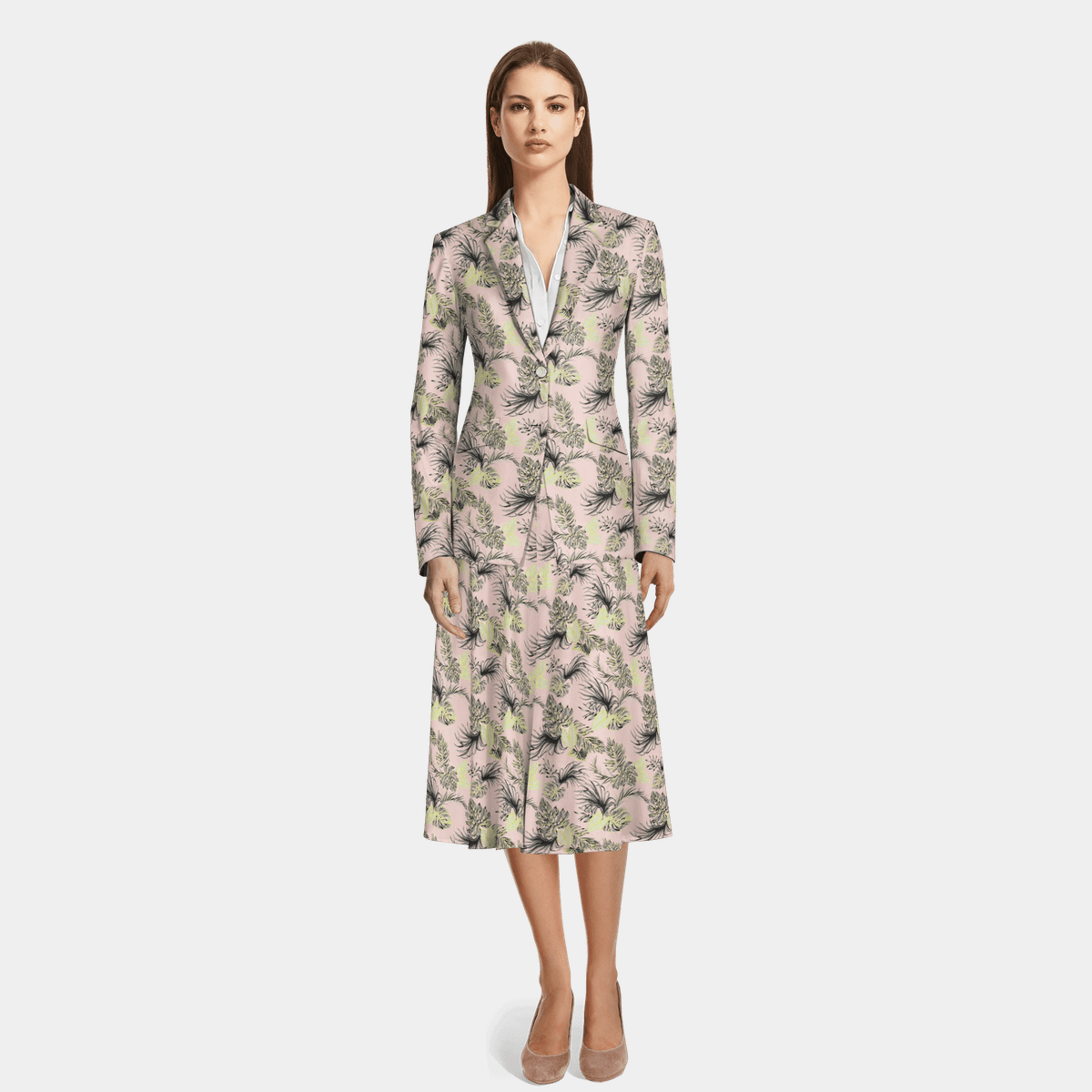 Light Pink Floral Jacquard Midi Flared Skirt Suit Sumissura