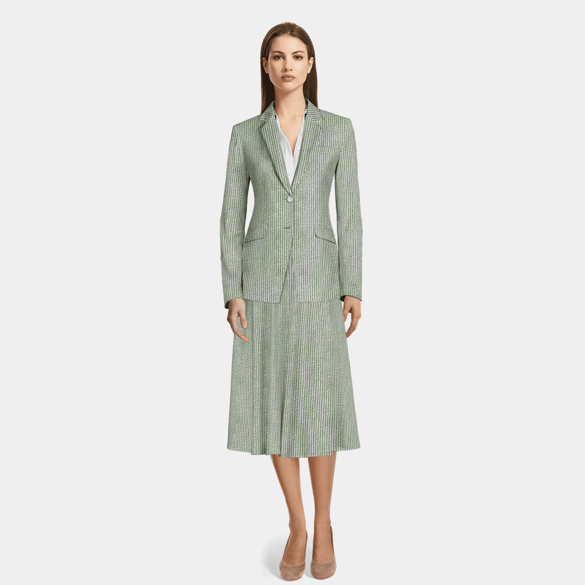 Light Green Seersucker Midi Flared Skirt Suit Sumissura