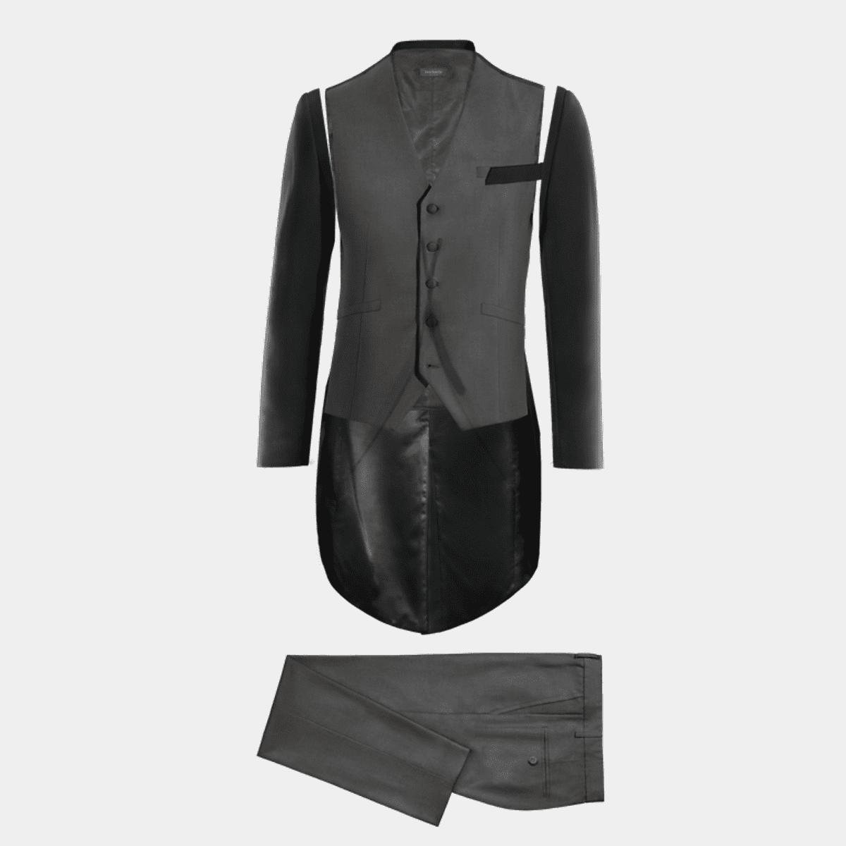 Black peak lapel Morning dress with grey waistcoat and grey Trousers