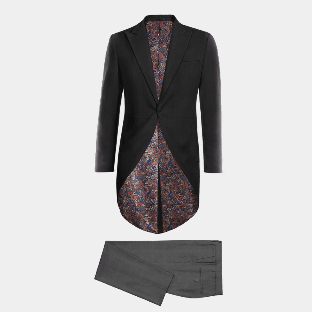 Black peak lapel Morning dress and grey Trousers