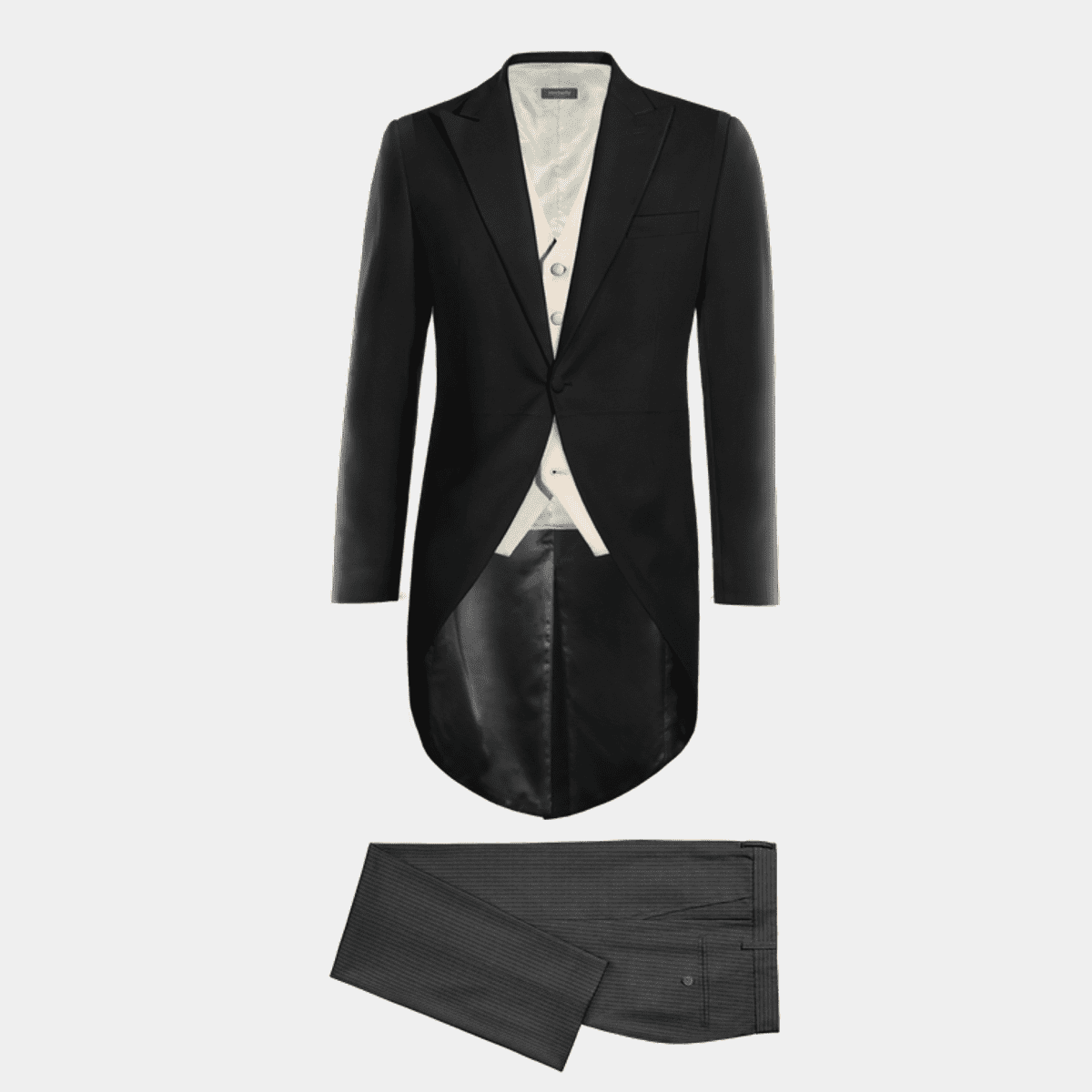 Black peak lapel Morning Suit with beige vest and regular fit grey ...