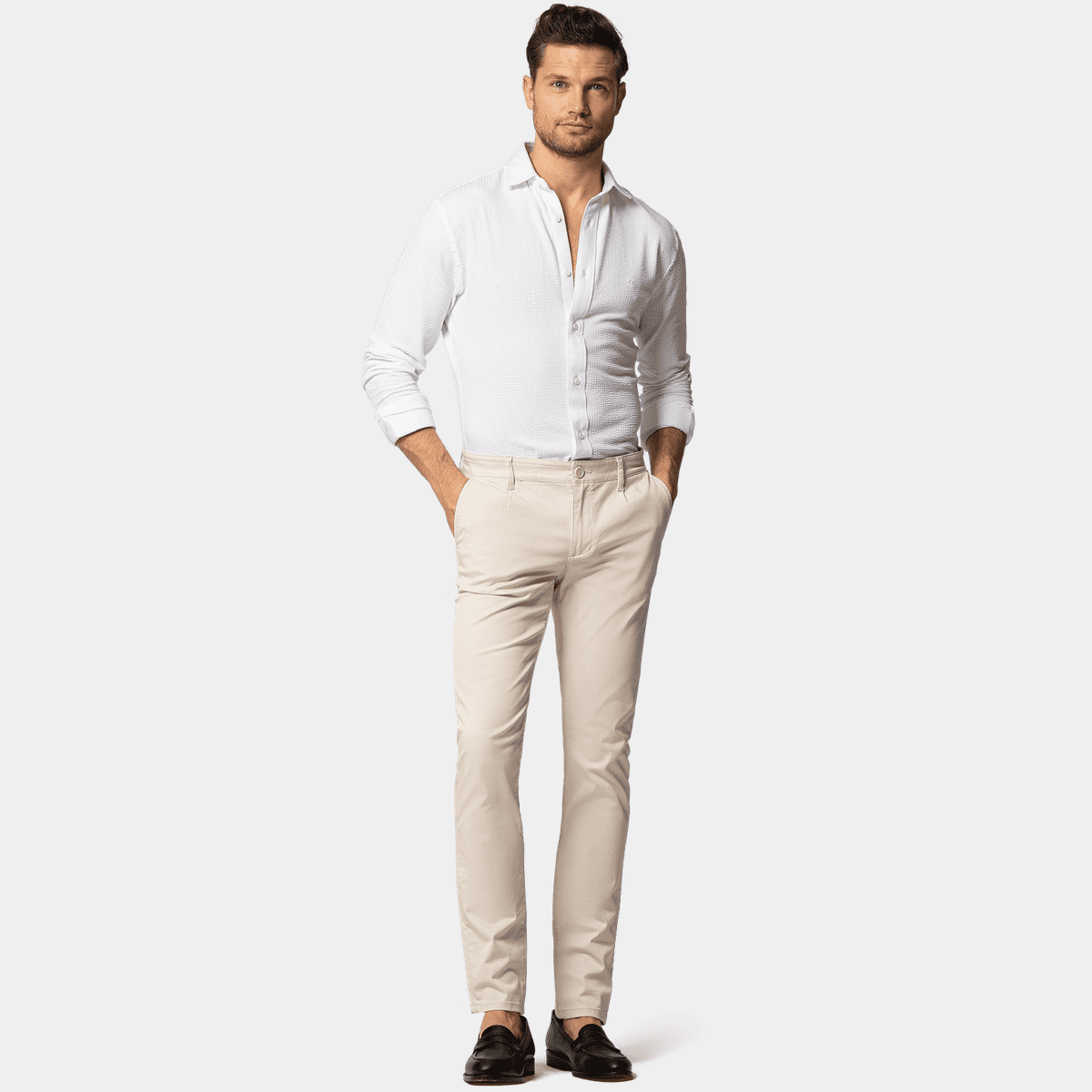 Beige pleated slim fit Chino trousers