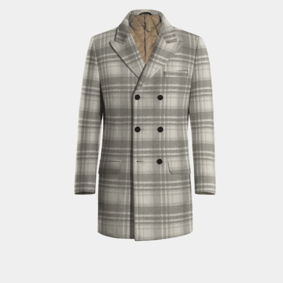 Checked beige Double breasted overcoat with peak lapels Checked beige Double breasted overcoat with peak lapels