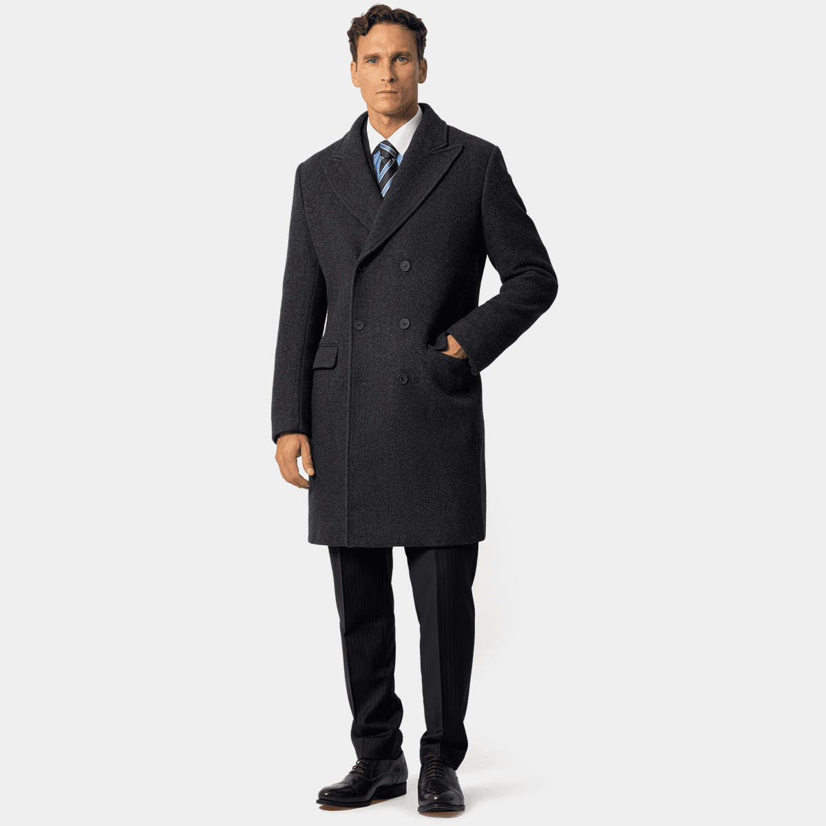 Blue melange long Double Breasted Coat with peak lapels