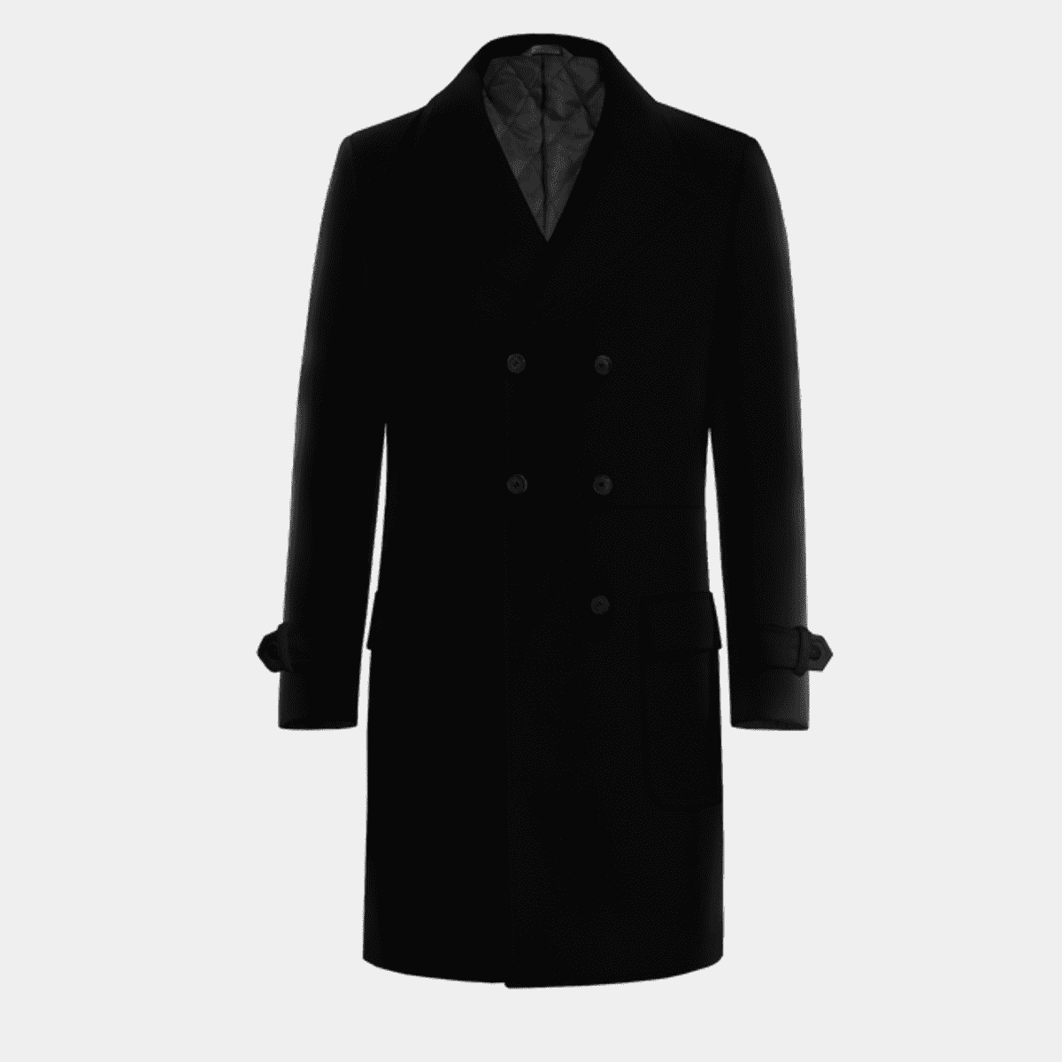Wool black long DoubleBreasted Coat with contrasted buttonthreads