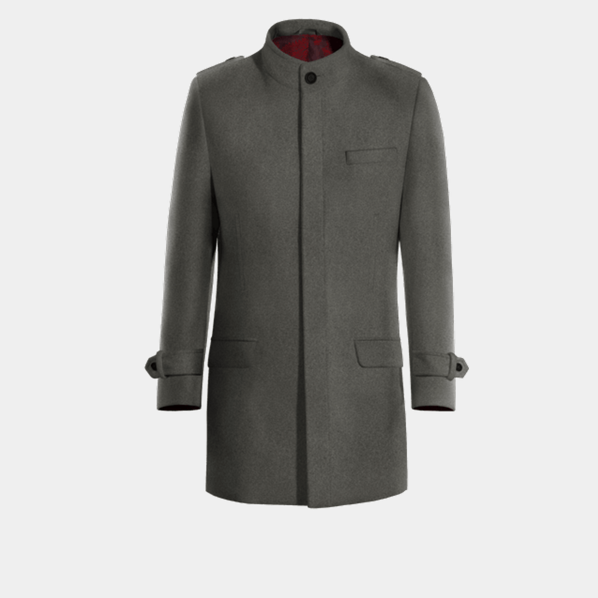 Iron gray melange Funnel neck Coat with wide lapels & epaulettes & red