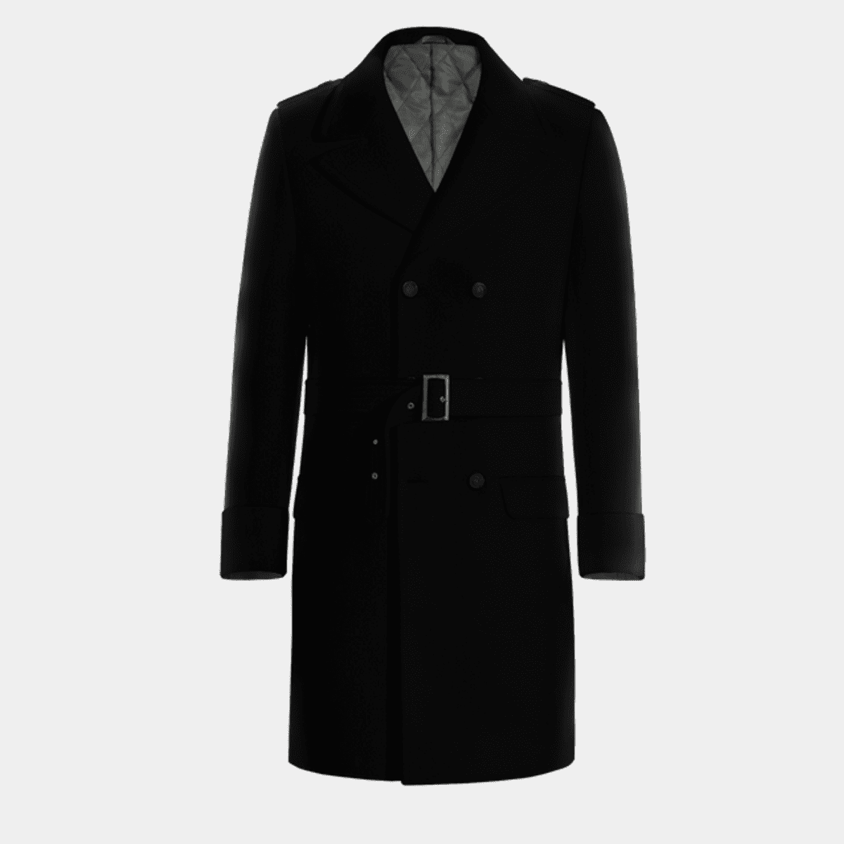 Wool black long belted Double-Breasted Coat with wide lapels ...