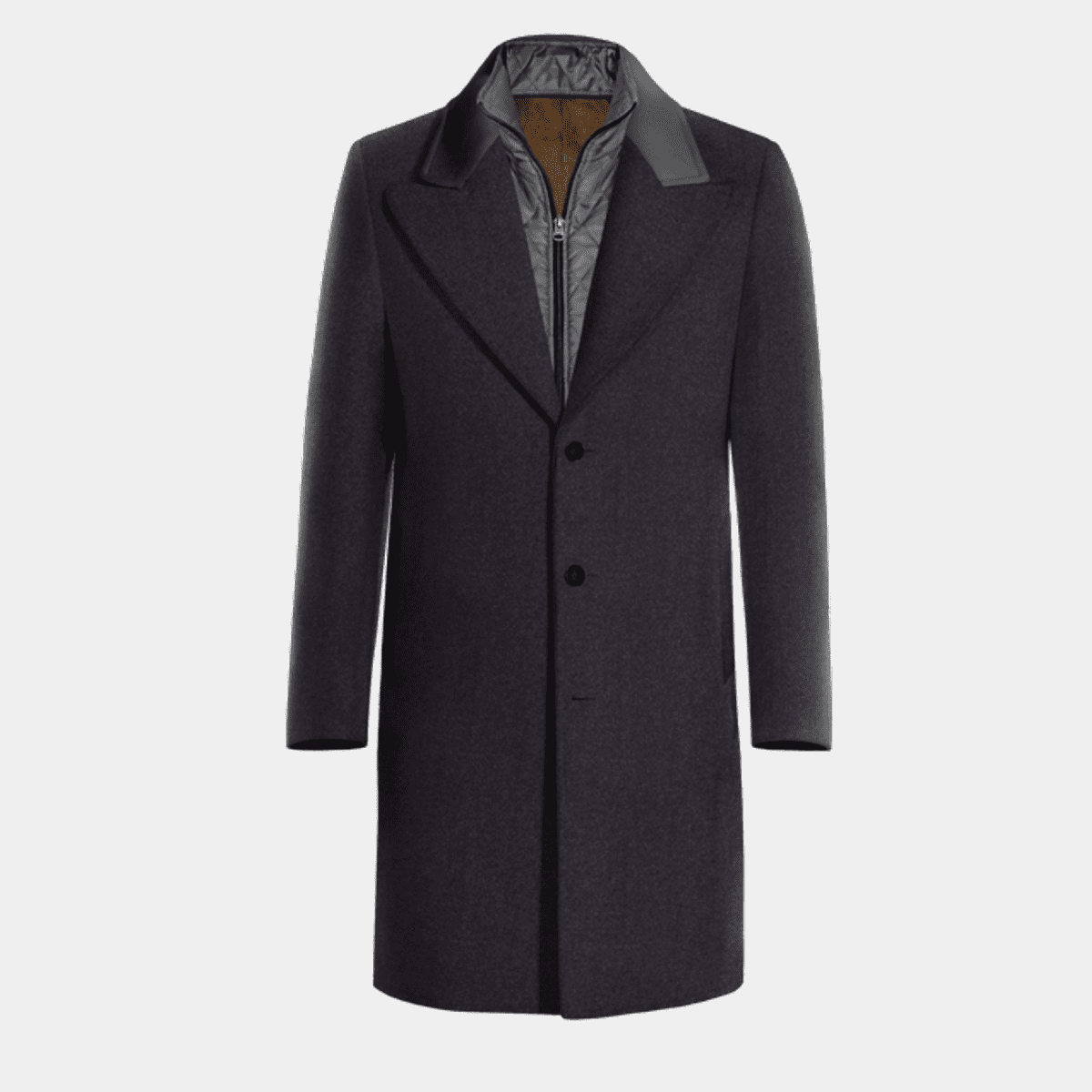 Blue melange long Overcoat with peak lapels & removable