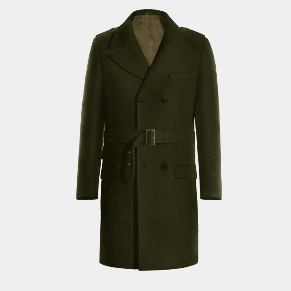 Army Green long belted Double Breasted Coat with epaulettes