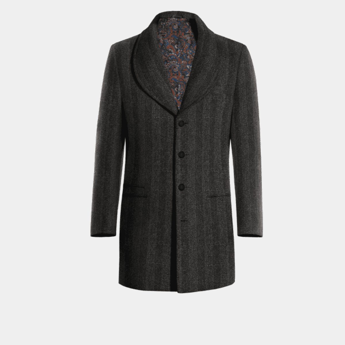 Gray herringbone Overcoat with wide lapels & other lining