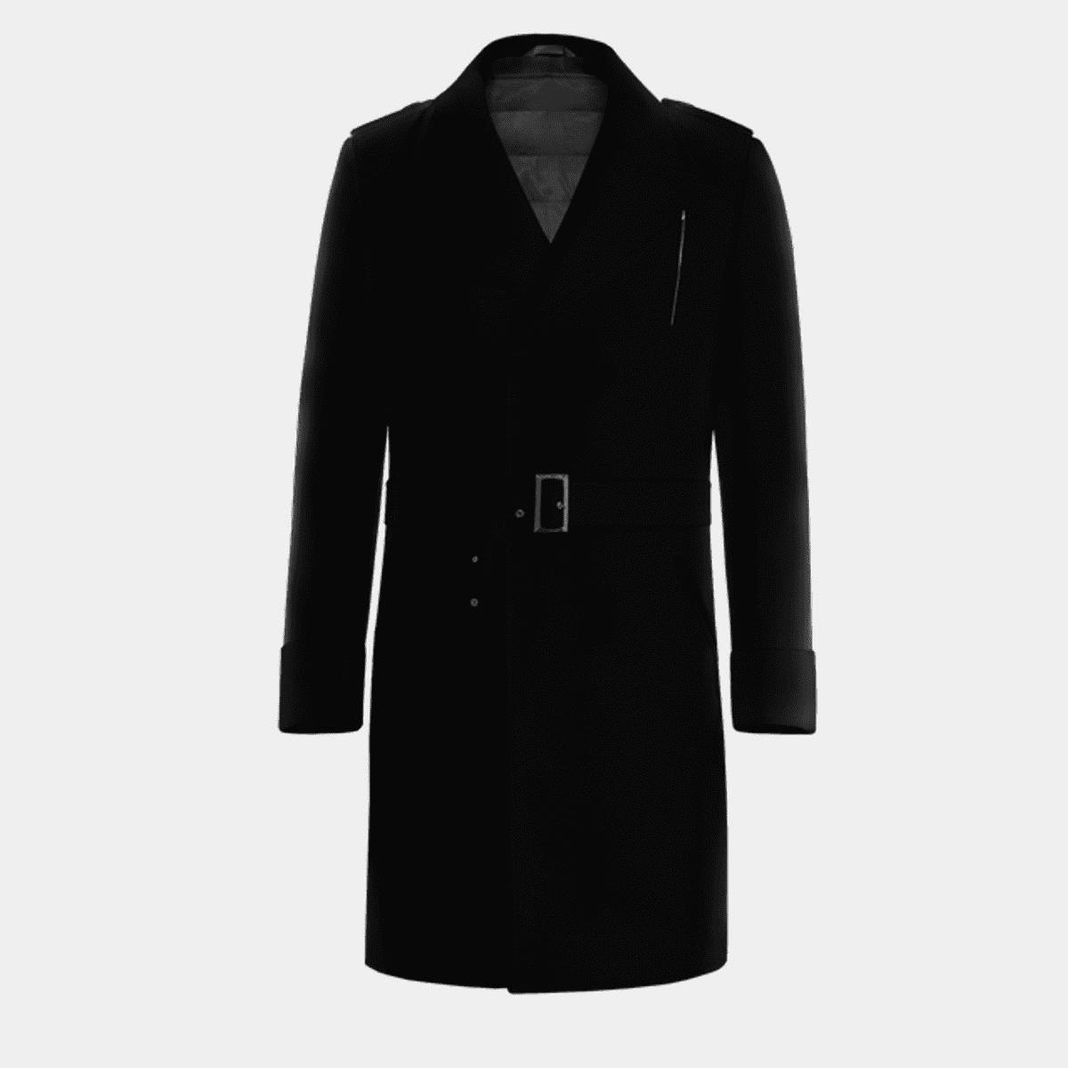 Wool black long belted Double Breasted Coat with epaulettes