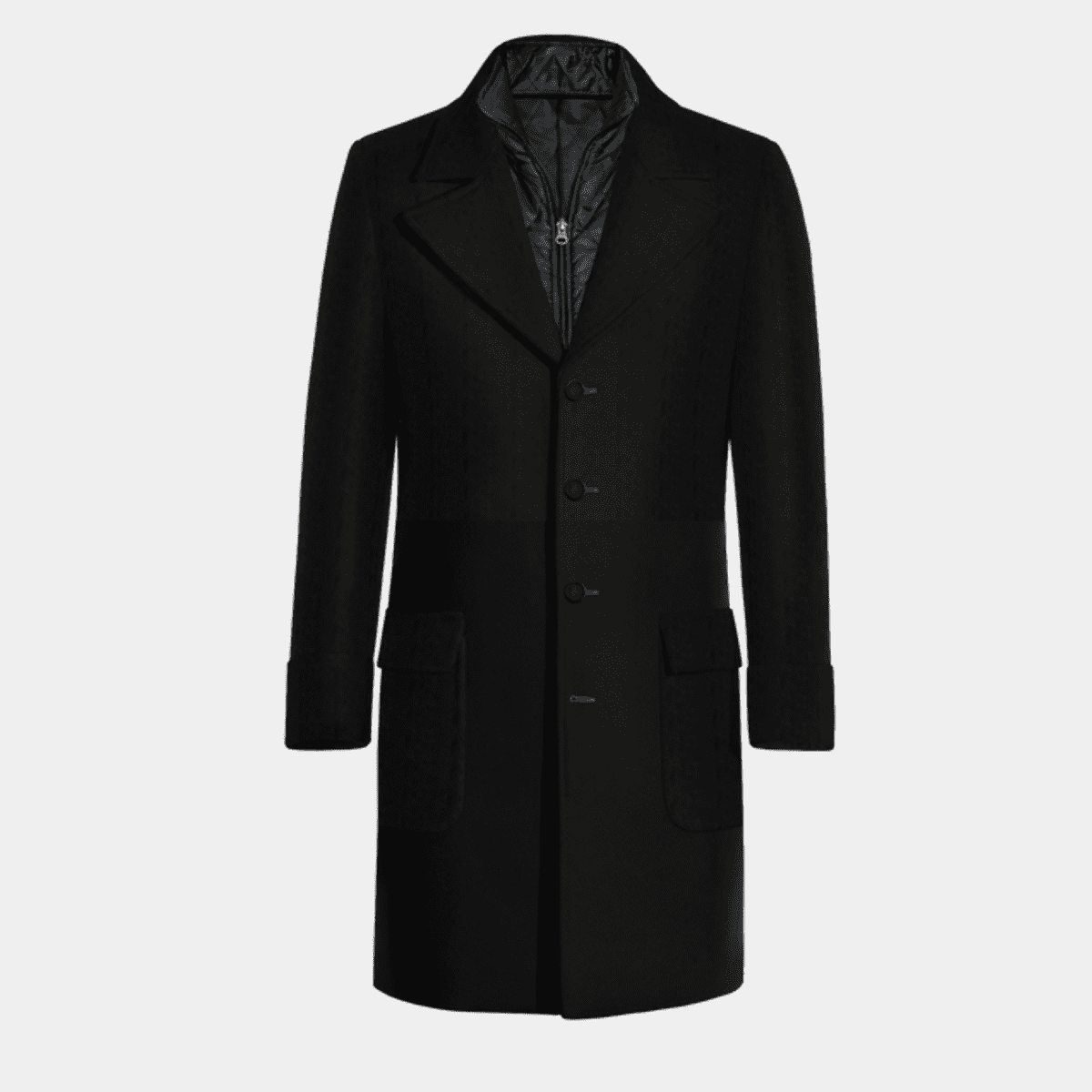 Black long Overcoat with wide lapels & removable padded piece ...