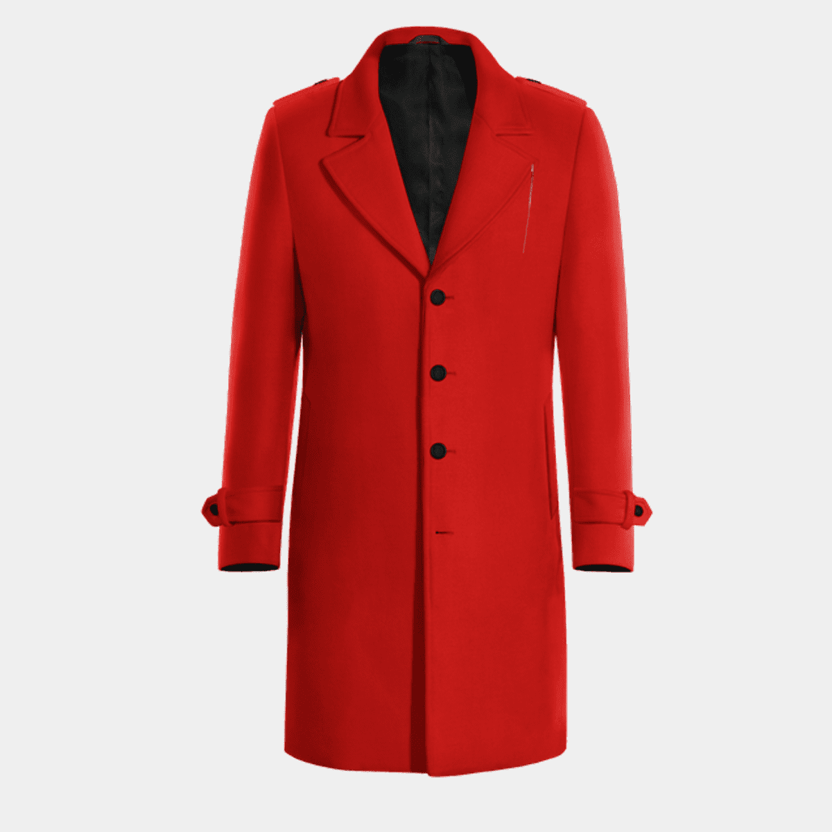 Intense Red long Chesterfield Coat with epaulettes & black lining