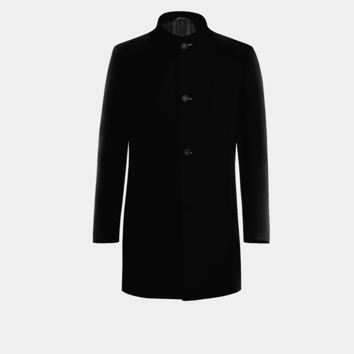 Wool black Funnel neck Coat with wide lapels & contrasted buttonthreads