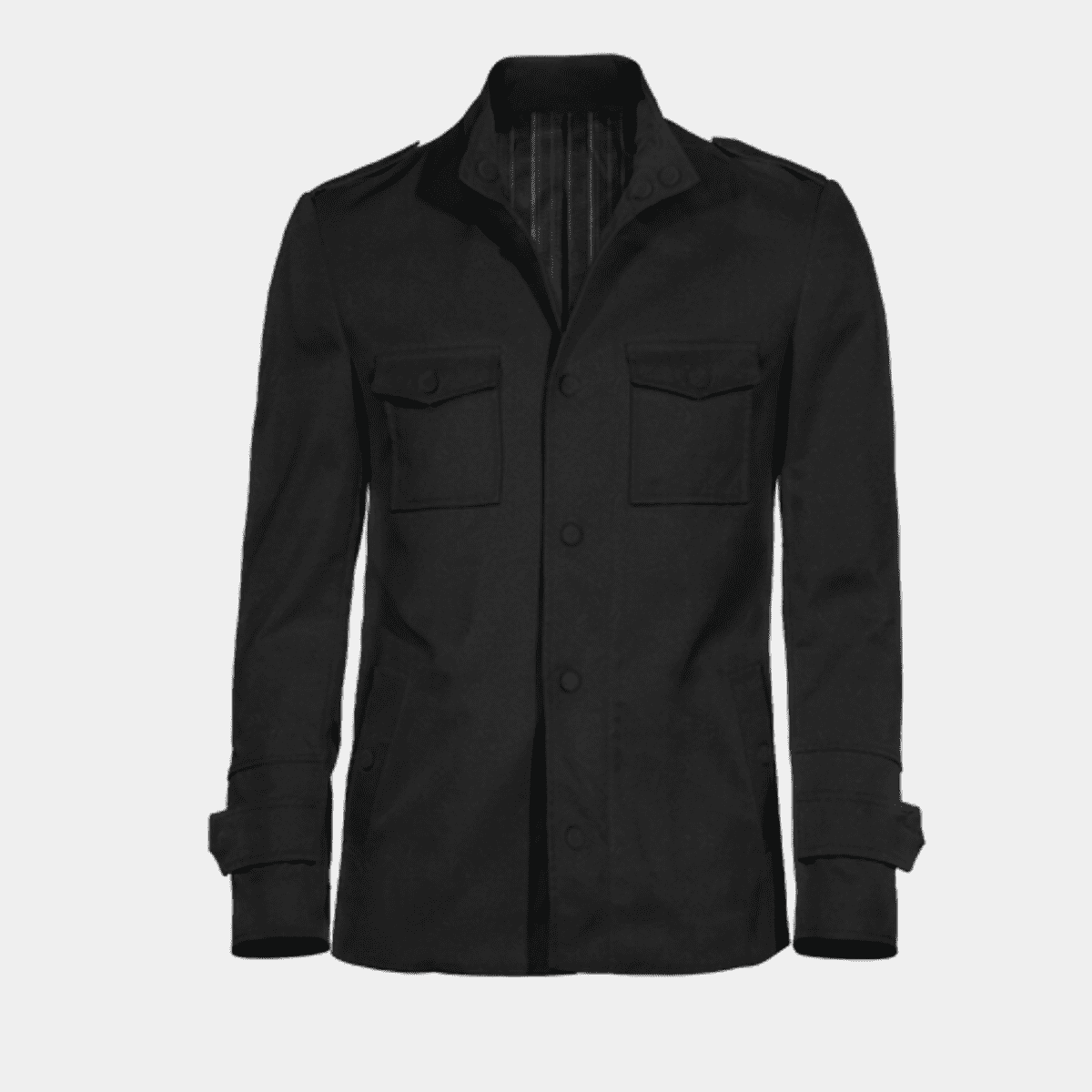 Short black cotton military field jacket with epaulettes
