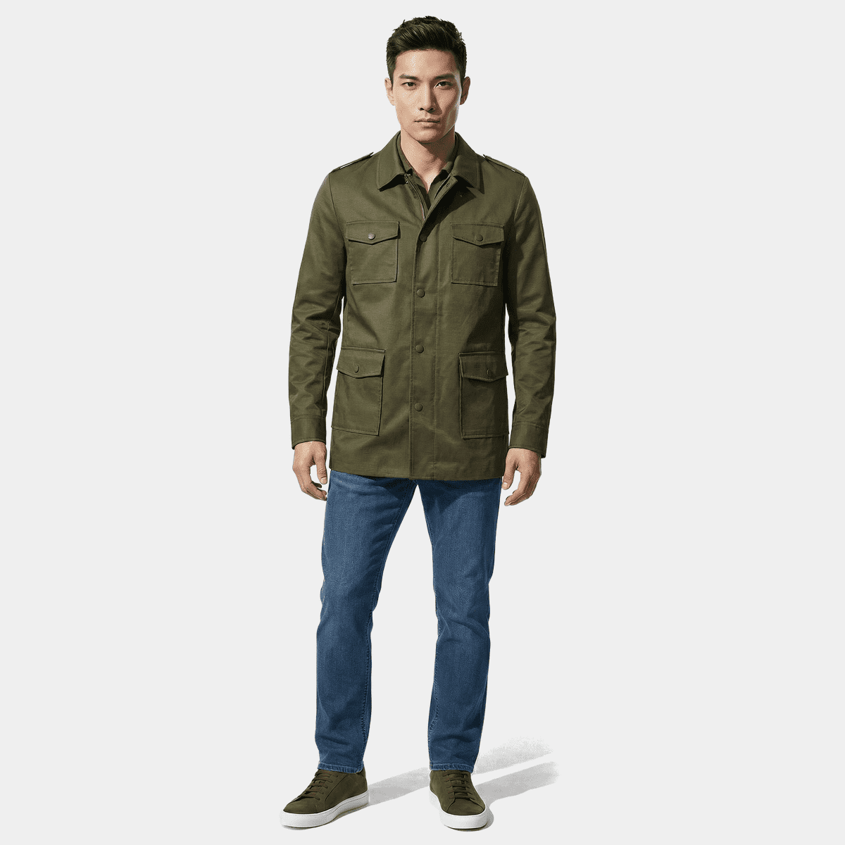 Collared Army Green Field jacket with epaulettes