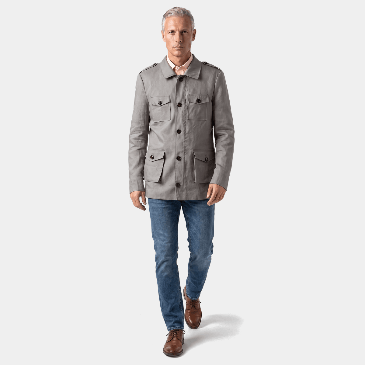 Collared Long gray linen Field jacket with epaulettes | Hockerty