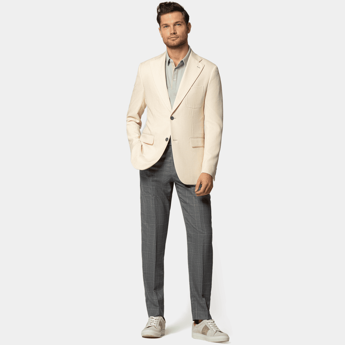 Cream wrinkle-free wide lapel unlined Suit Jacket
