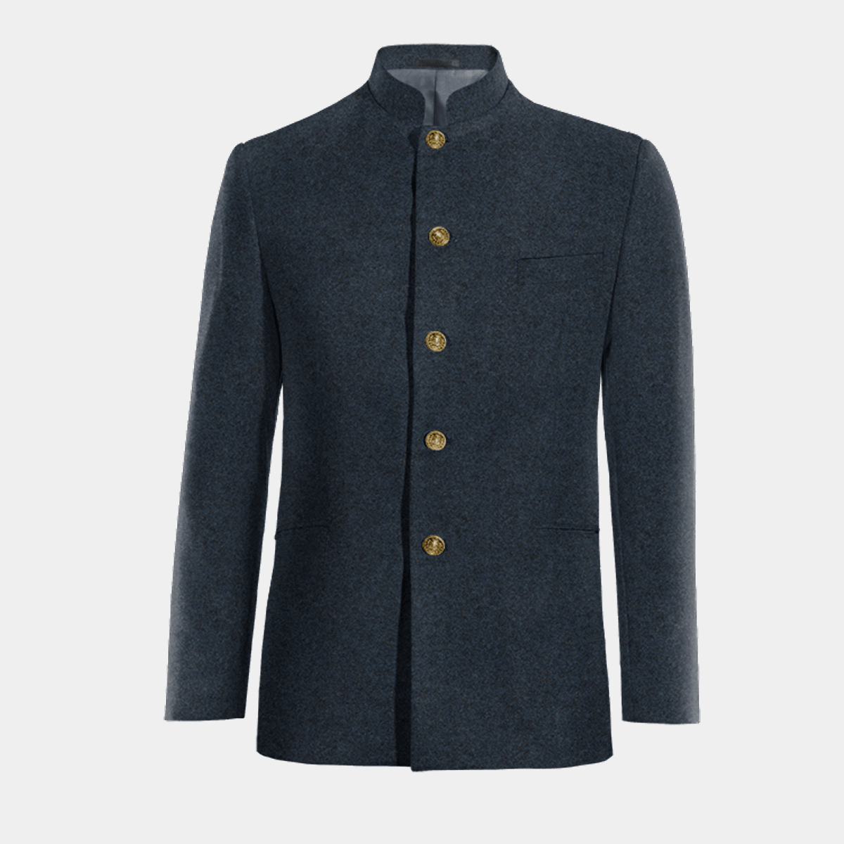 Navy Blue Tweed chinese collar Blazer with brass buttons $227 | Hockerty