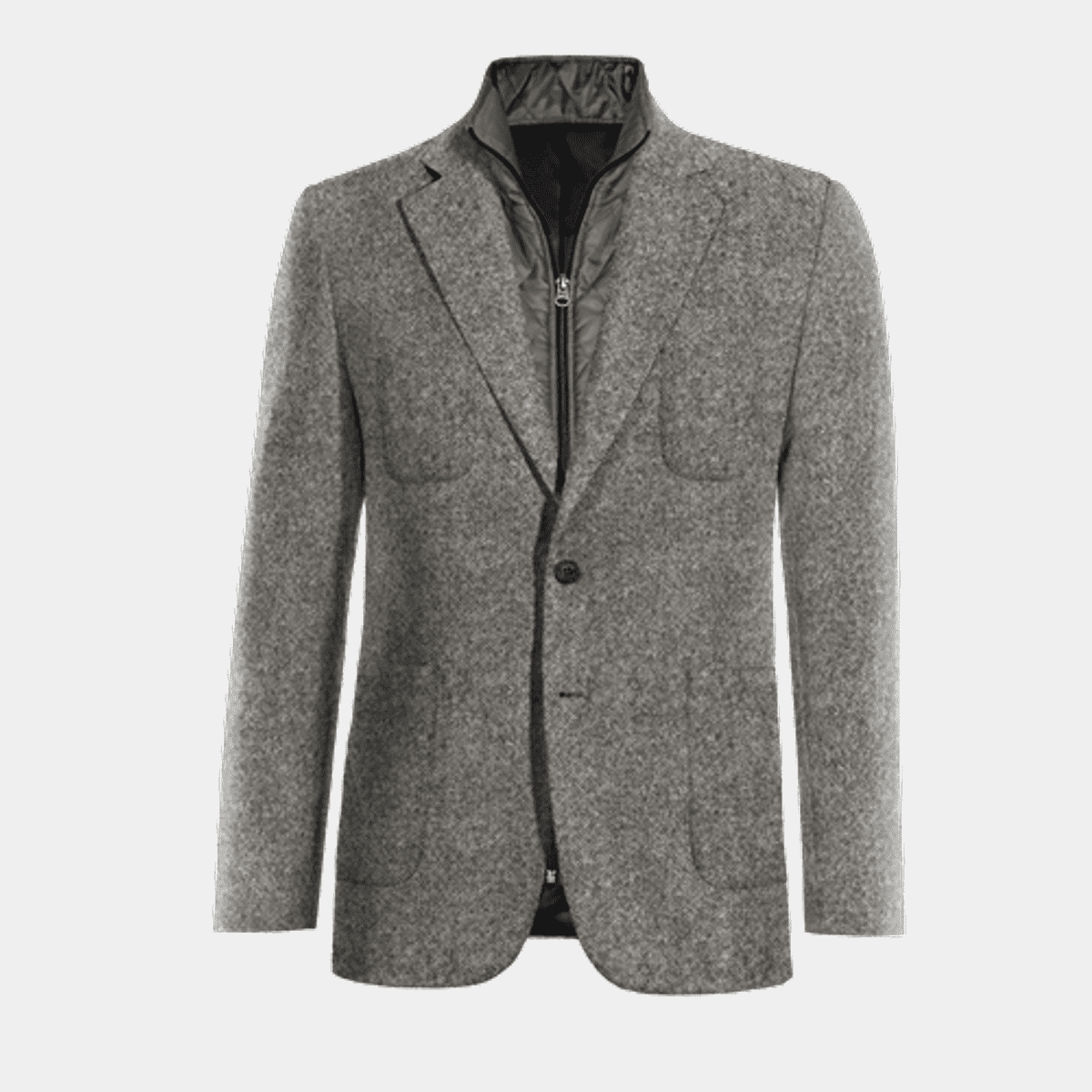 Light grey donegal tweed wide lapel Jacket with patched pockets with padded  piece