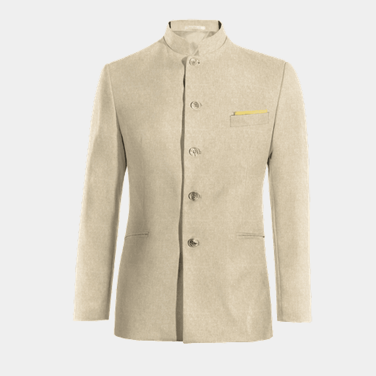 Beige linen collarless unlined Suit Jacket with pocket square