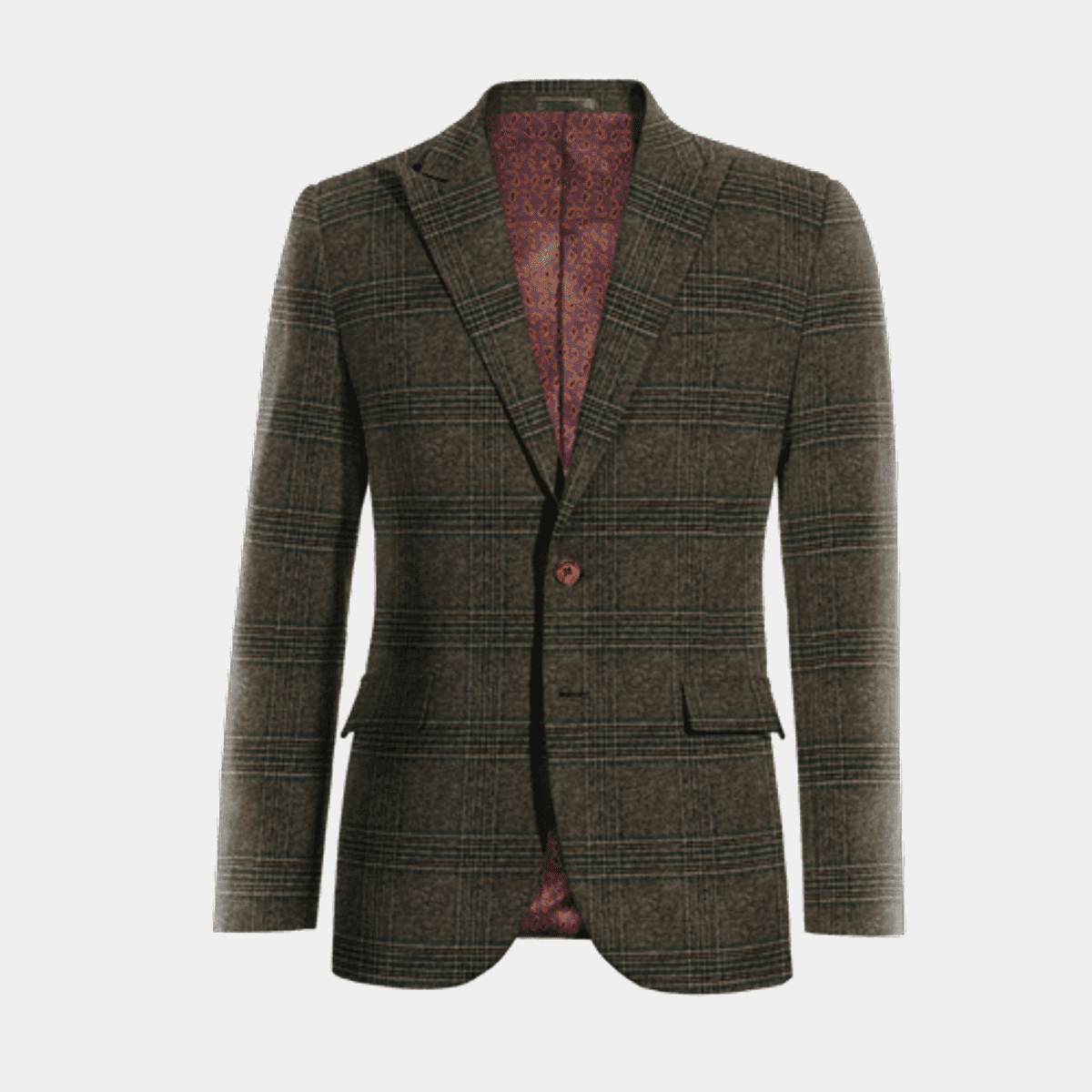 Brown overcheck tweed peak lapel Suit Jacket