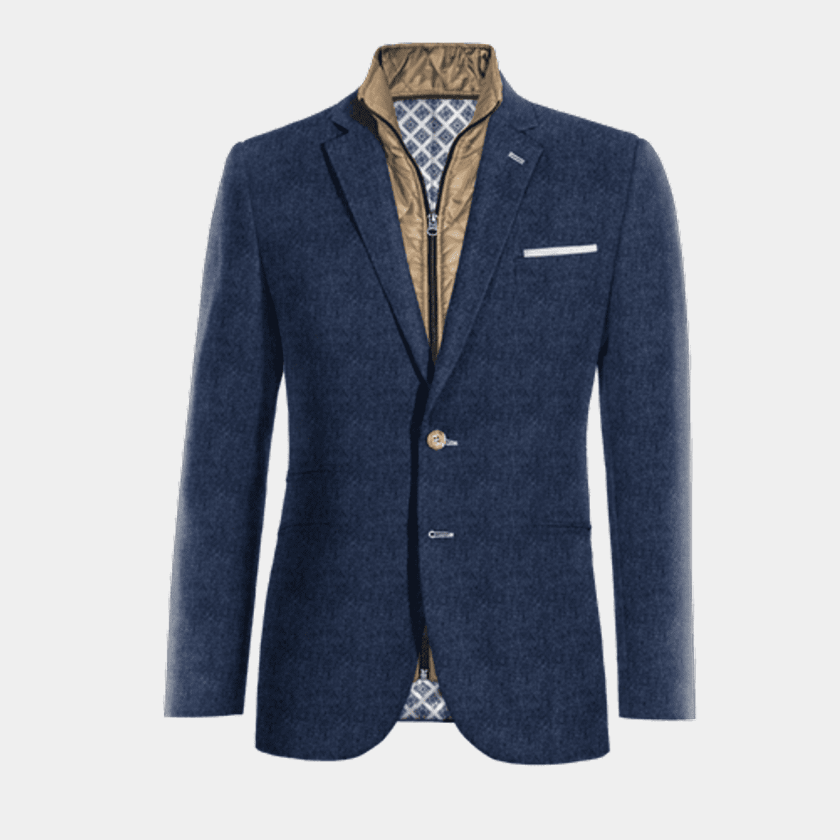Blue herringbone Tweed Suit Jacket with pocket square with padded piece