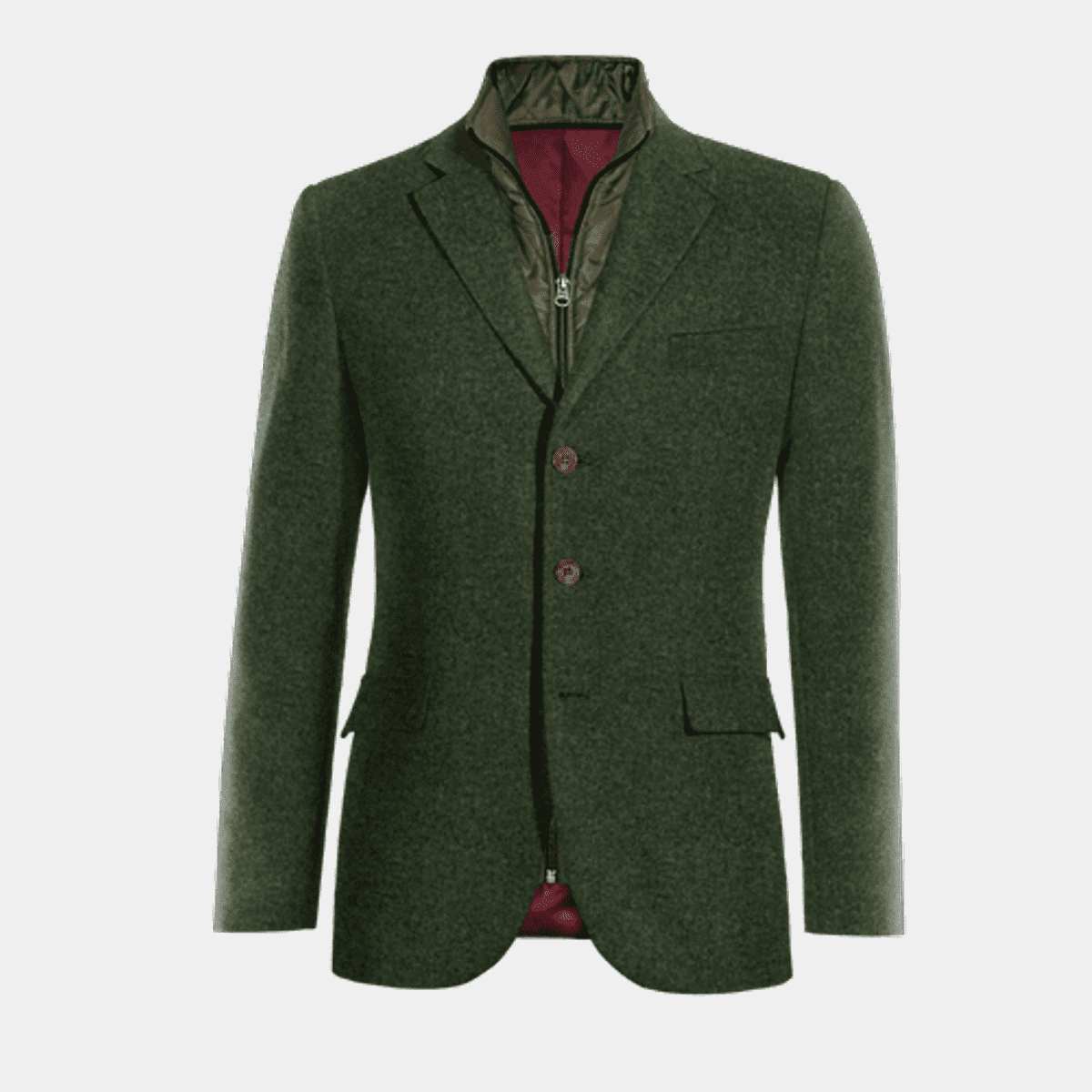 Forest green herringbone tweed essential 3-buttons Suit Jacket with padded  gilet piece