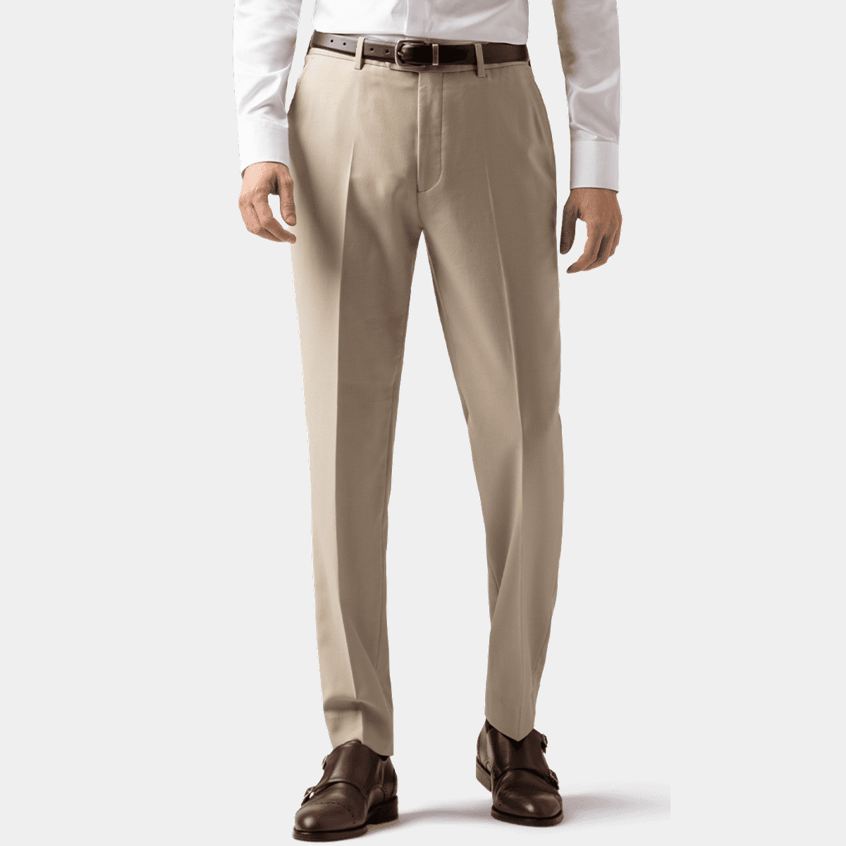 Beige prince of wales cotton-linen flat-front lightweight Dress Pants