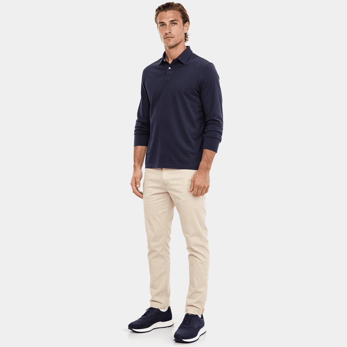 Navy Andre Long Sleeve Button-Up Polo