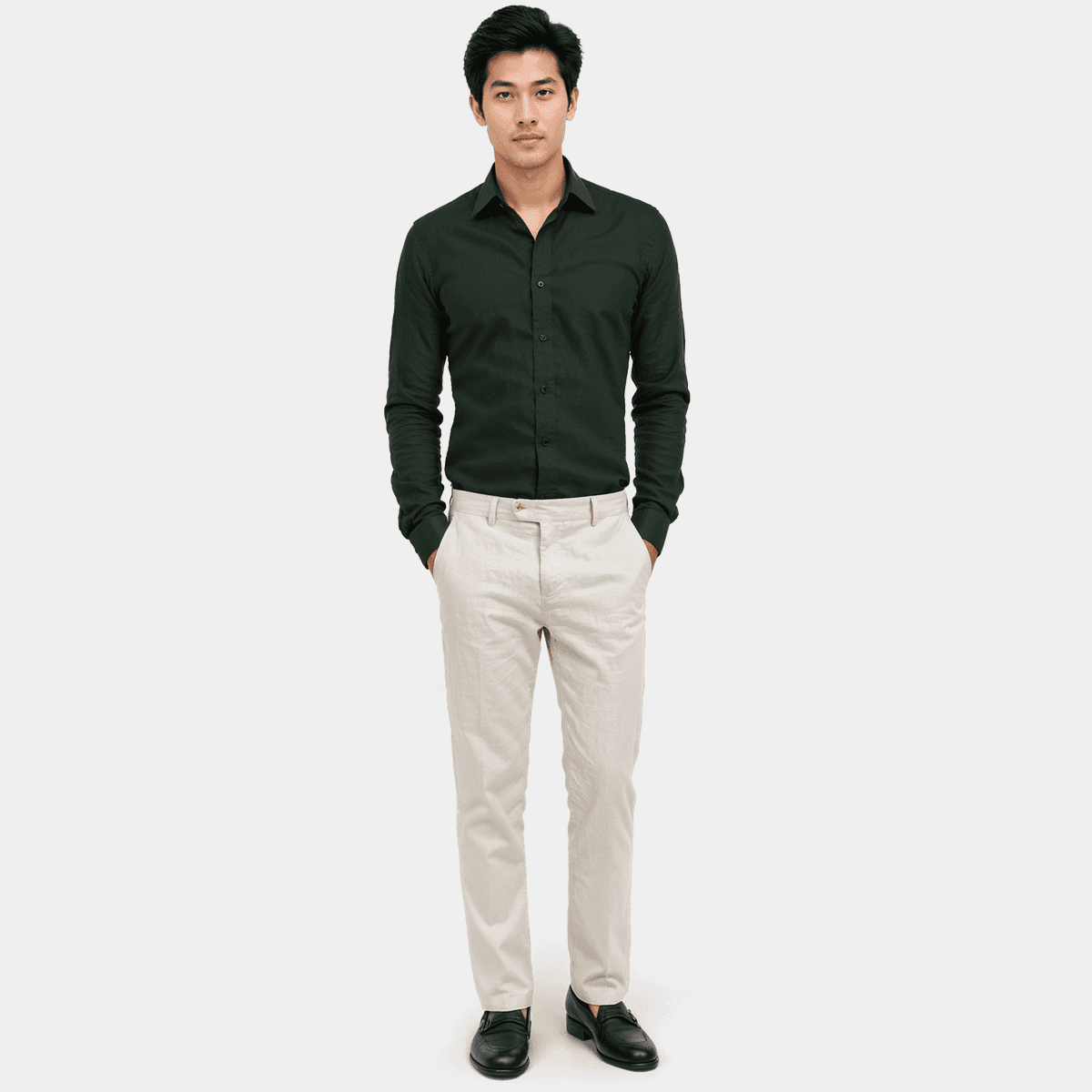 Chemise extensible en coton/lin verte