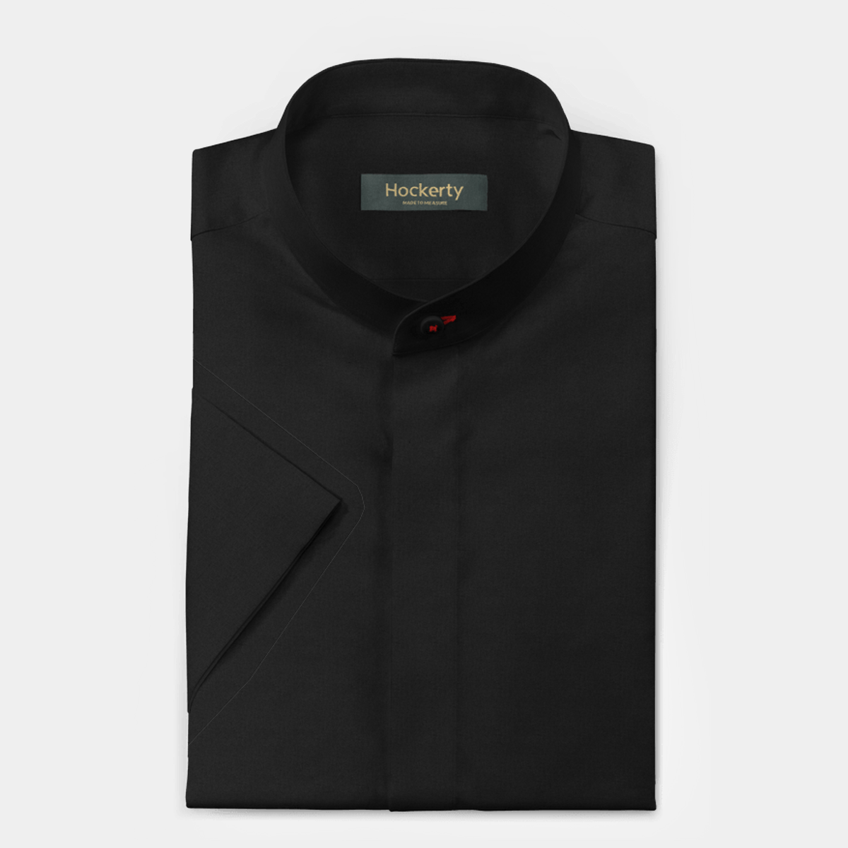 Black Short Sleeved Cotton Mandarin Collar Shirt With Hidden Buttons