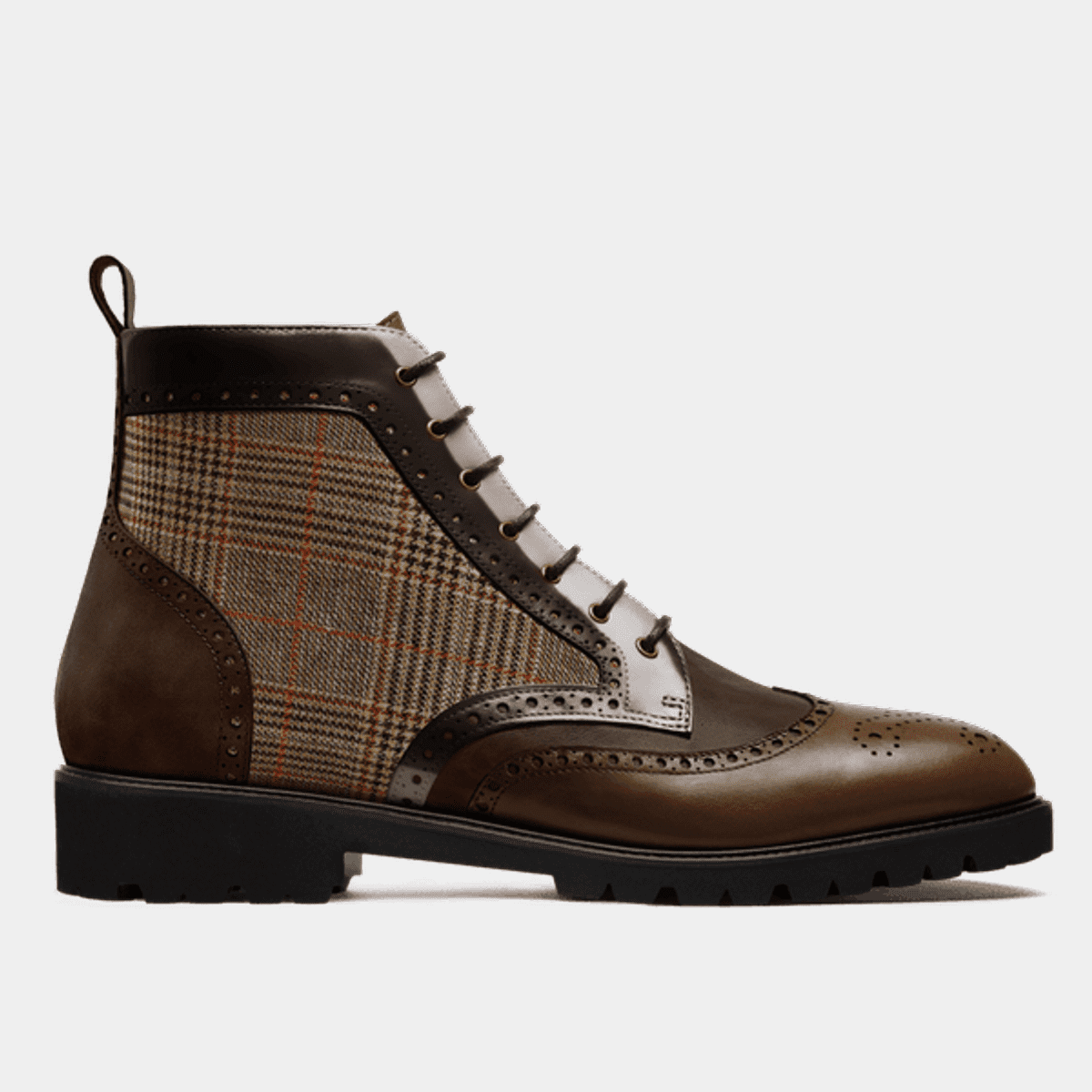 Brogue Boots - brown leather, waxed leather, tweed & flora leather