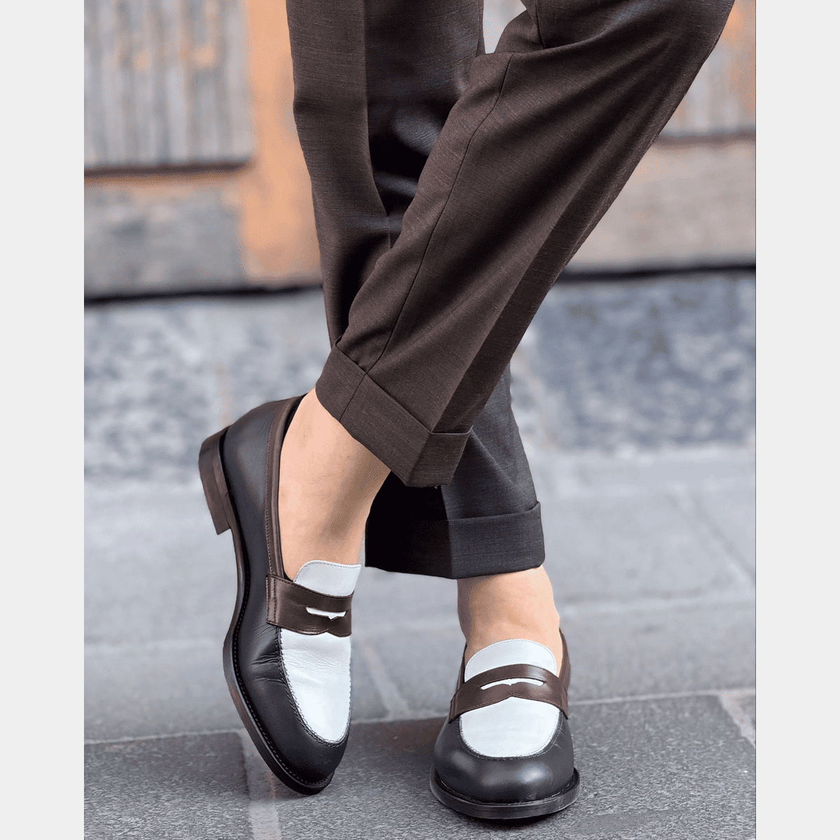 Penny Loafers in blue, burgundy & white leather