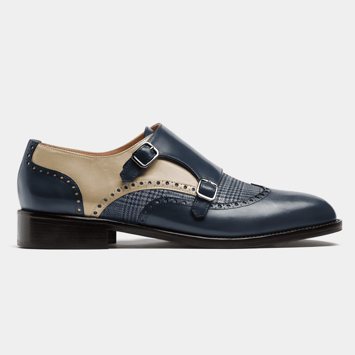 Monk Brogues - blue & white leather & tweed