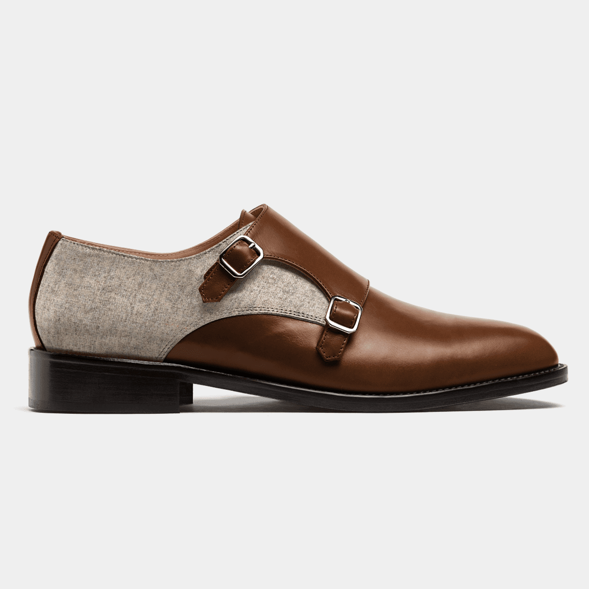 Double Monk shoes - brown & beige leather & tweed | Hockerty