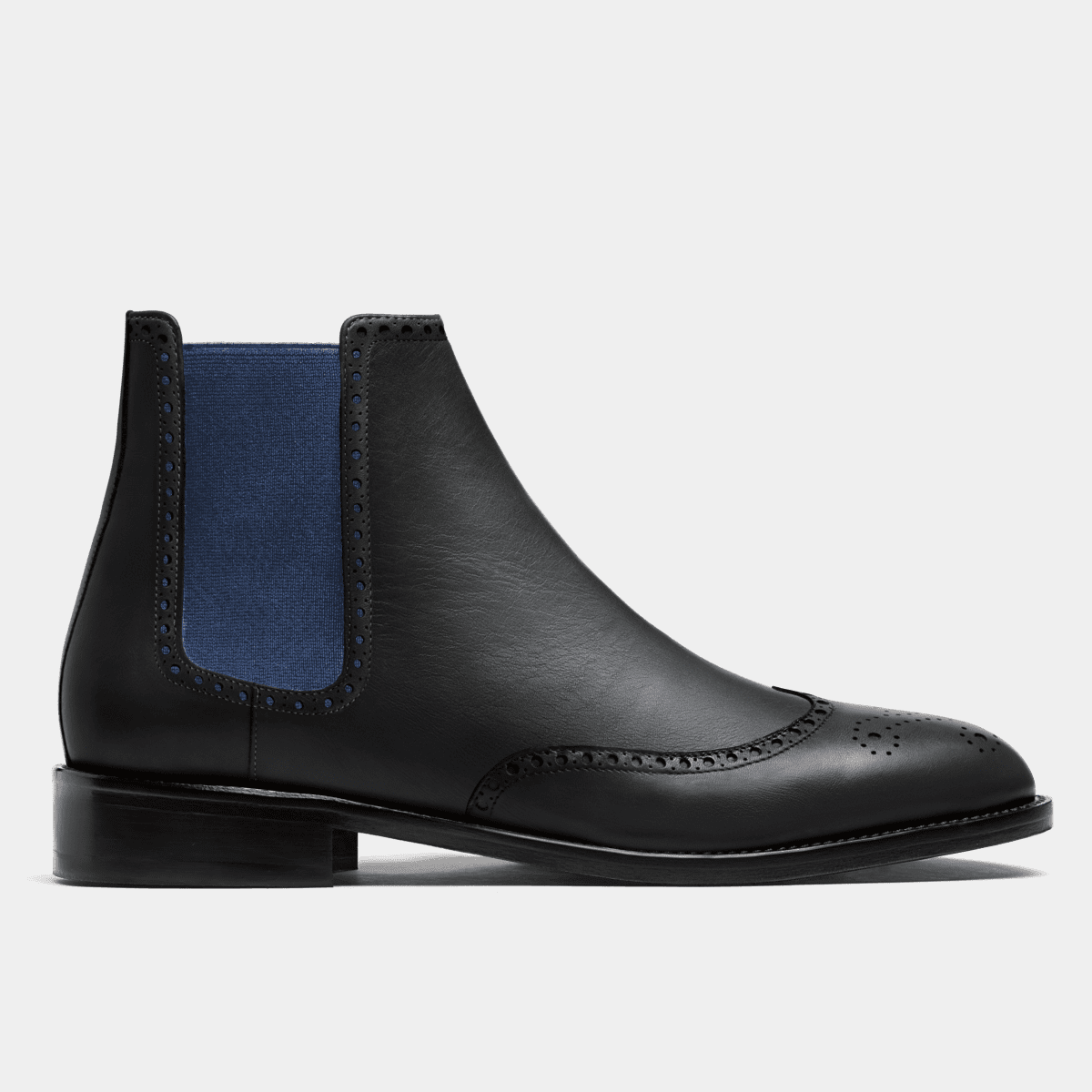 Brogue Chelsea Boots in black leather blue elastic band