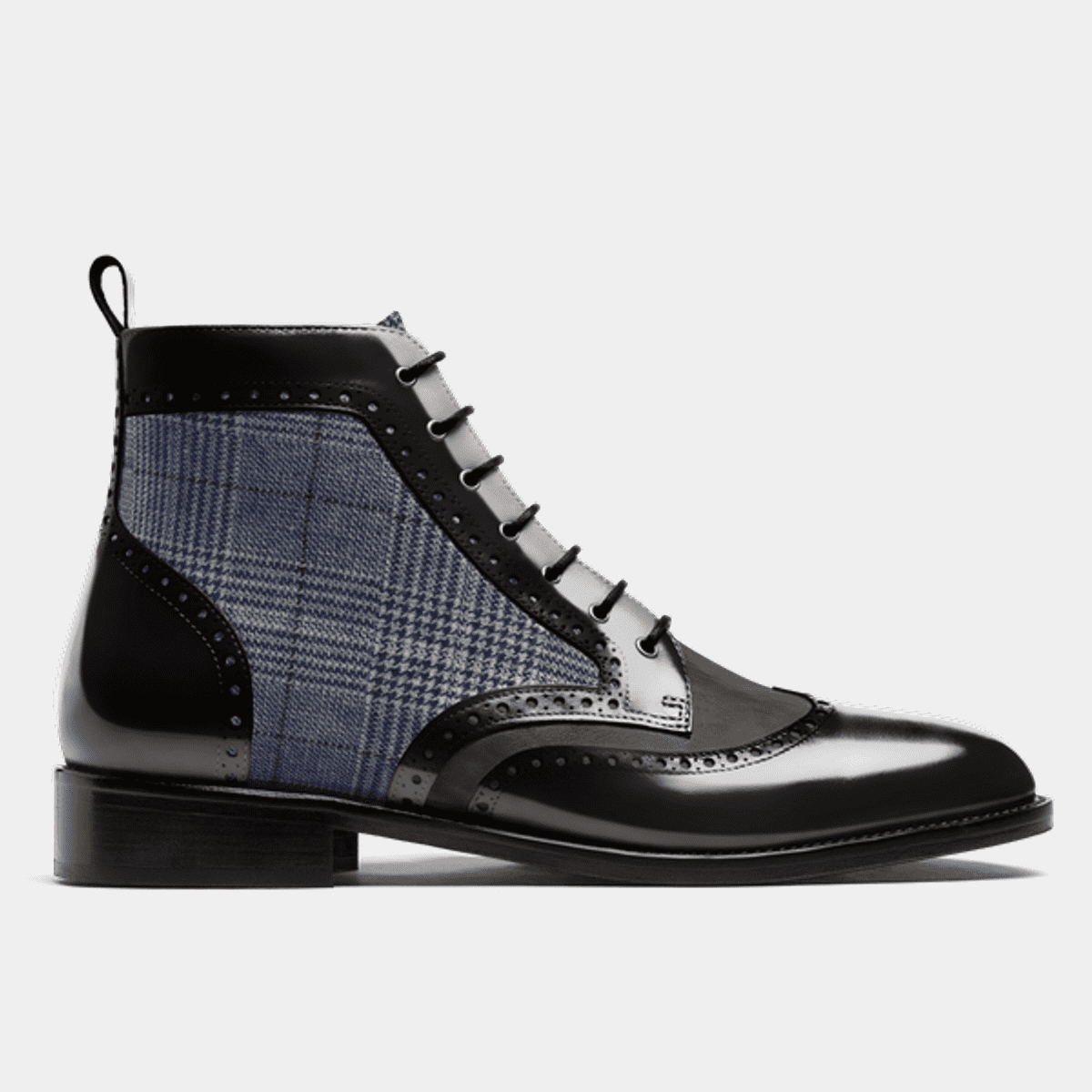 Bottes Homme Brogue cuir flora cuir cir et tweed noir gris et bleu