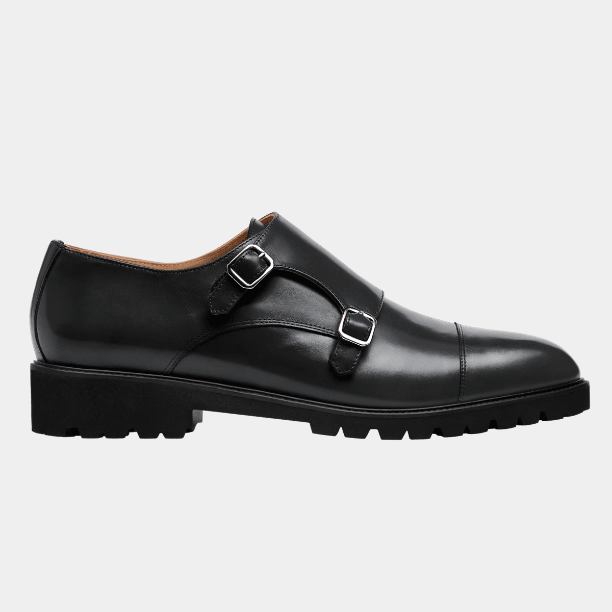 Cap toe Double monk strap shoes in black leather