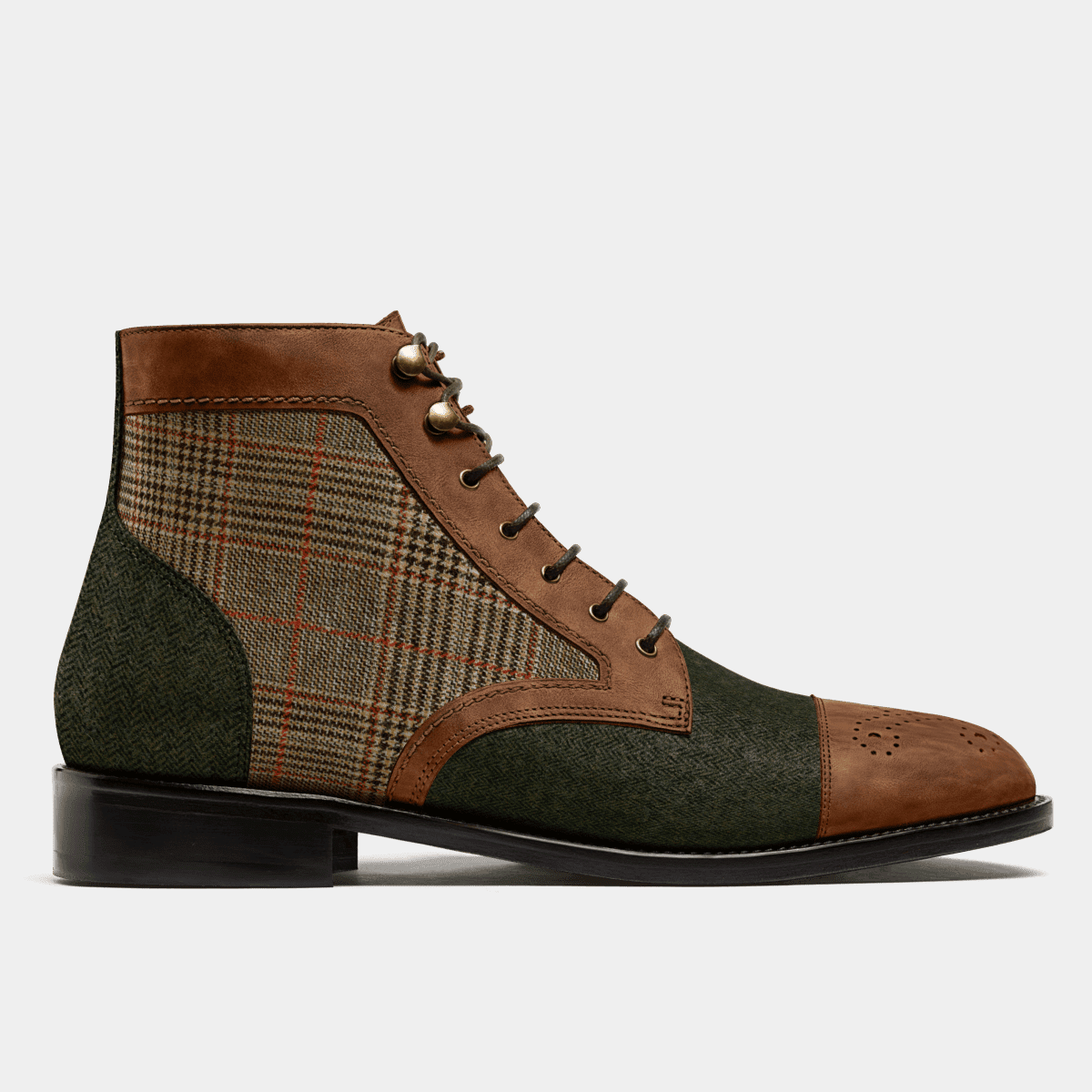 2 tone Boots in green & brown tweed & waxed leather