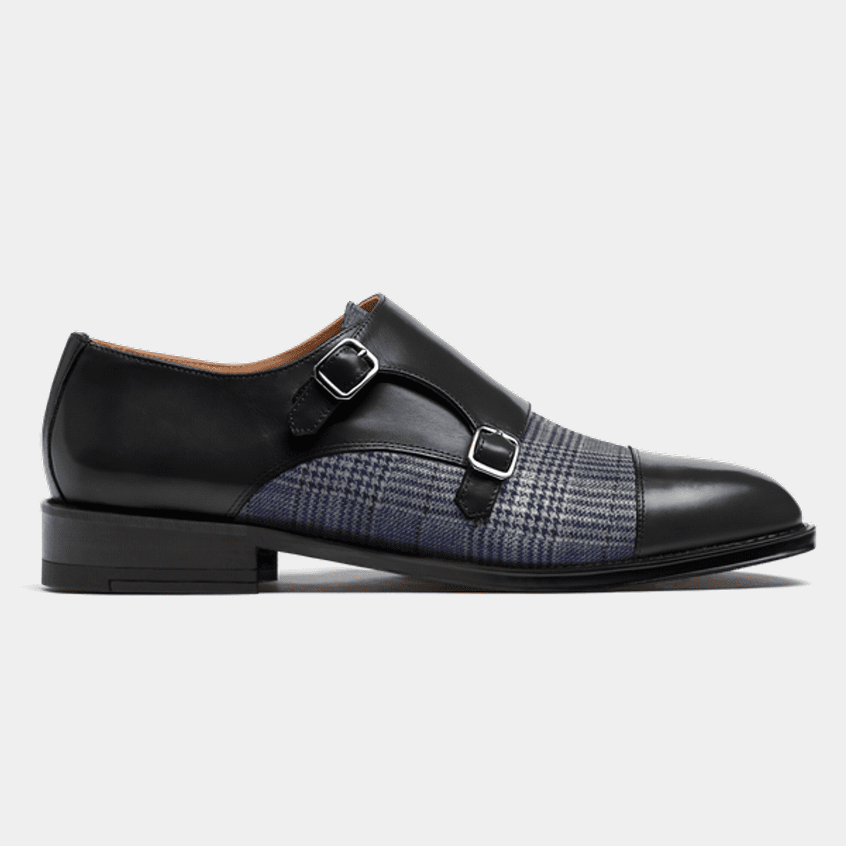 Cap-toe Double-monk shoes in blue & black tweed & leather display picture 1