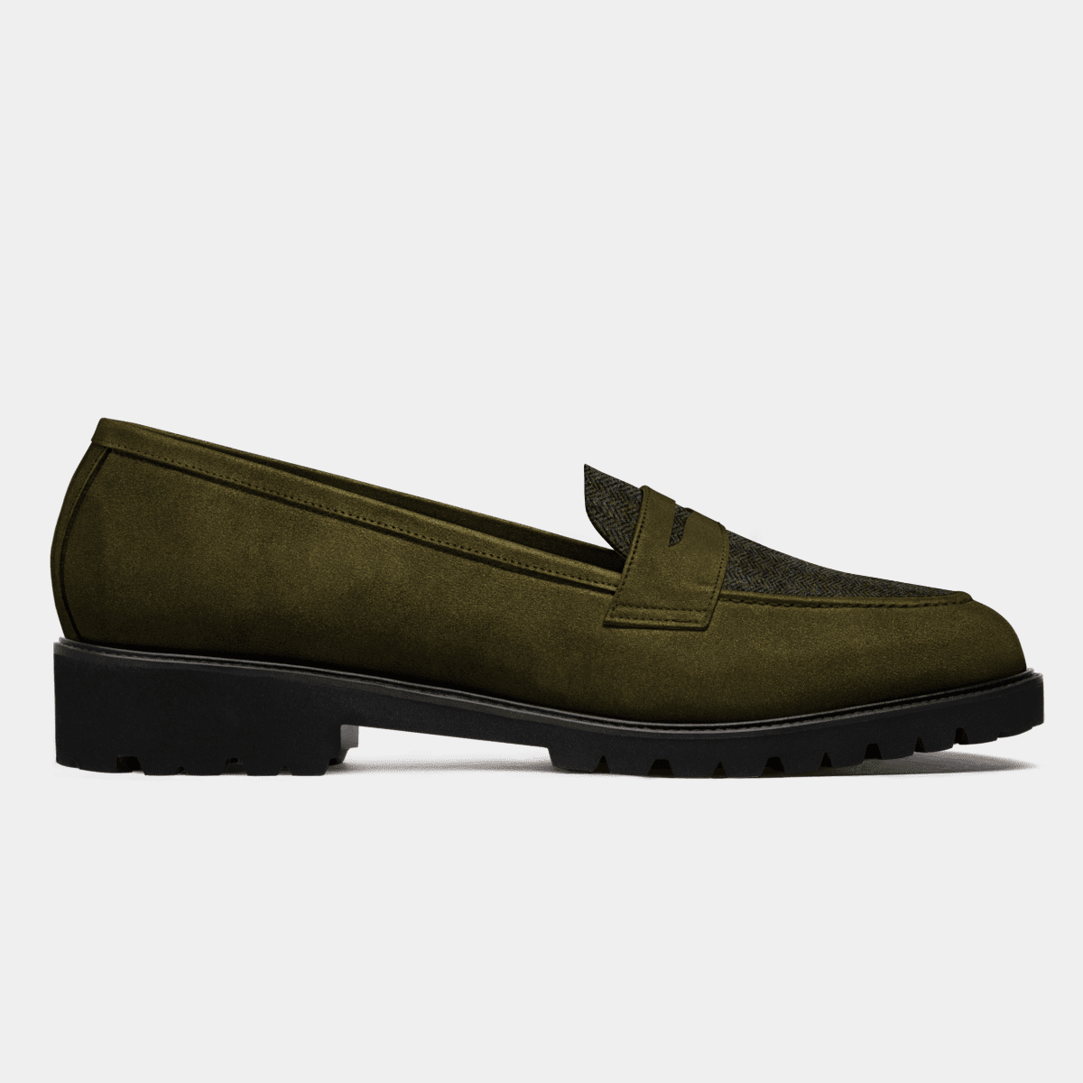 Khaki Green Textured Faux Suede Penny Loafers
