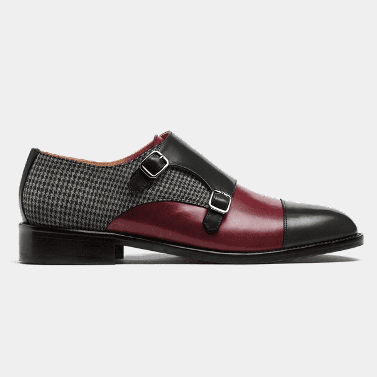 Chaussures Monk bout droit cuir brillant et tweed noir bordeaux et gris