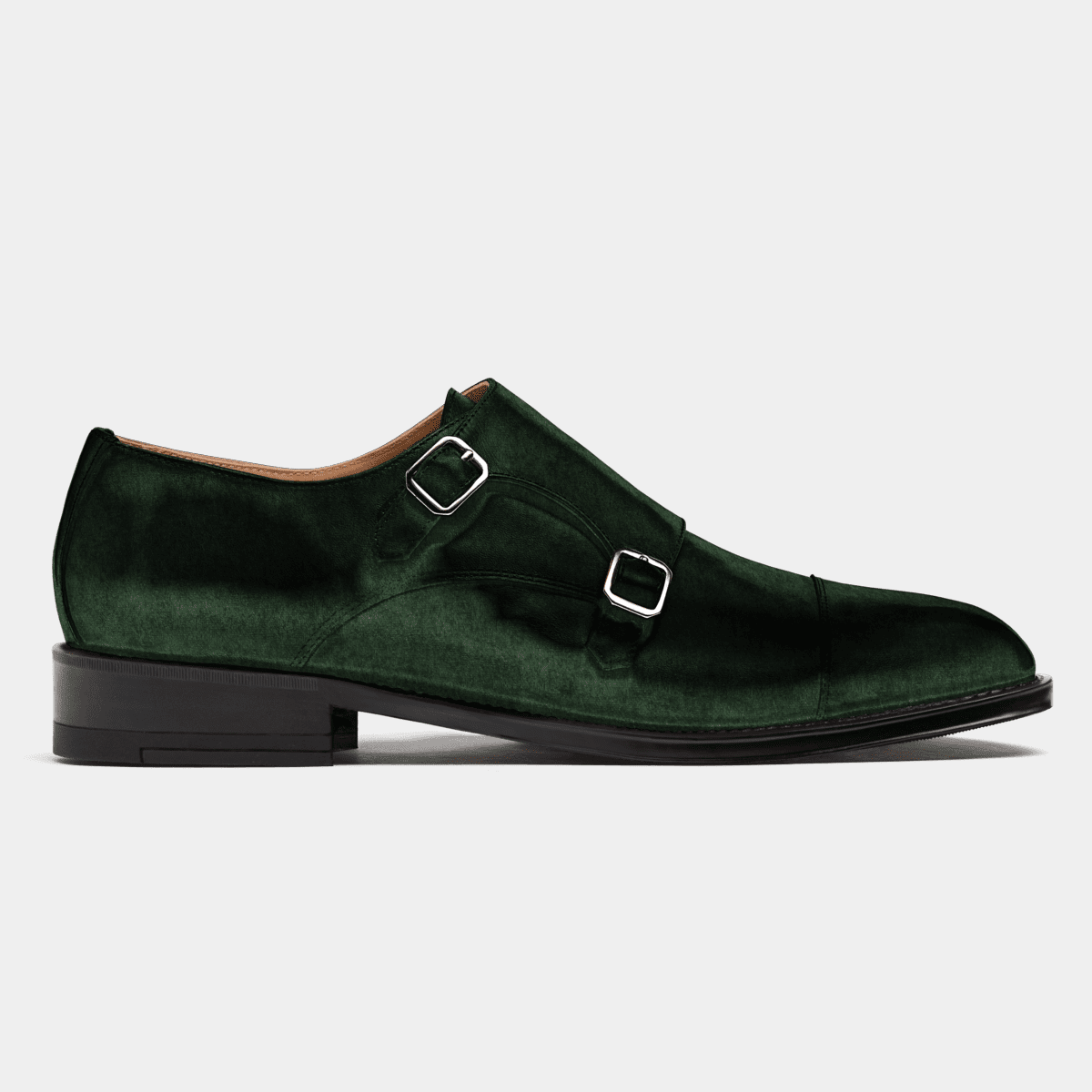 Cap-toe Double-monk strap shoes in green velvet