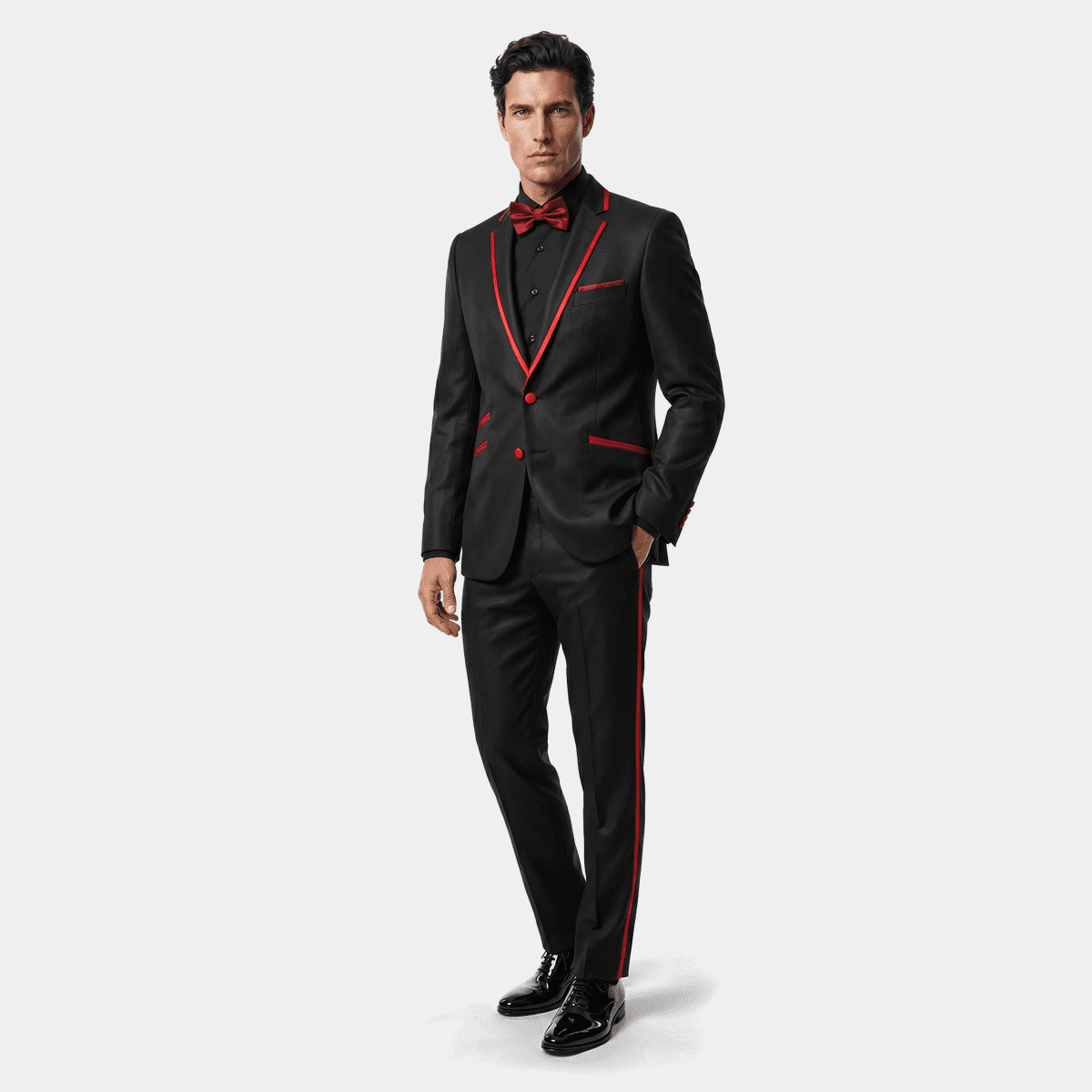Black essential shimmer Tuxedo with red lapel trim