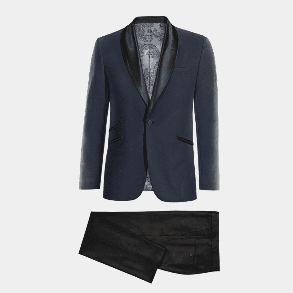 Navy Blue Tuxedo Jacket with Black Lapel & Black Trousers at Hockerty