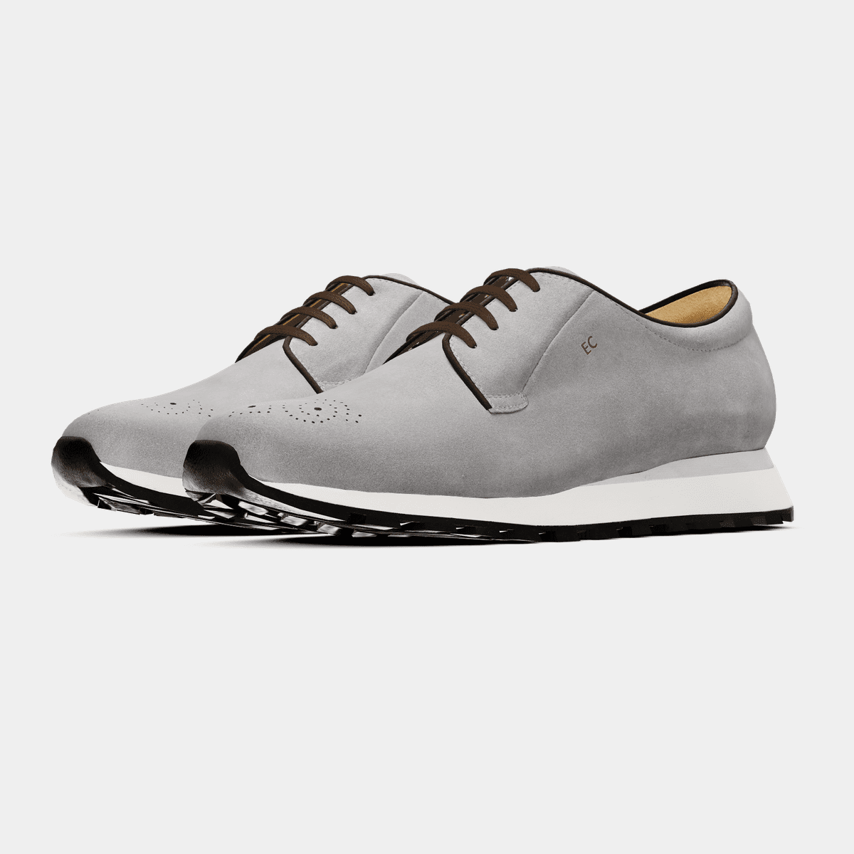 Gray suede Shoes with engraved initials brown laces