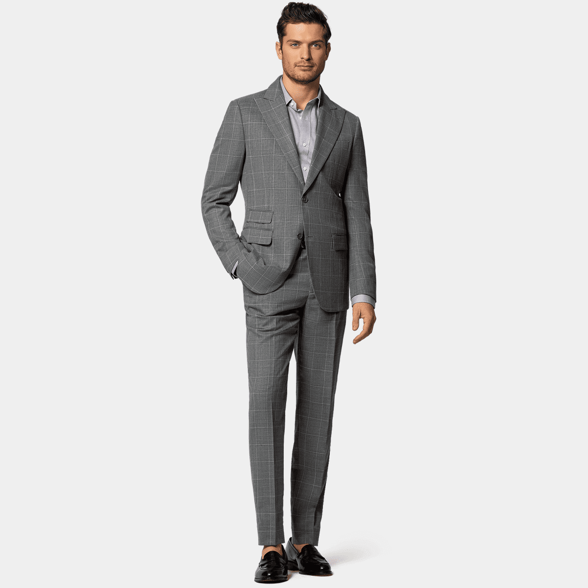 Mid gray windowpane lightweight stretch hopsack unlined Suit
