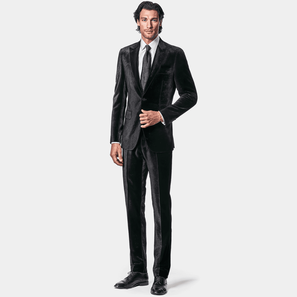 2 Button Peak Lapel Jet Black Suit (Also in Dark Navy) Flat Front